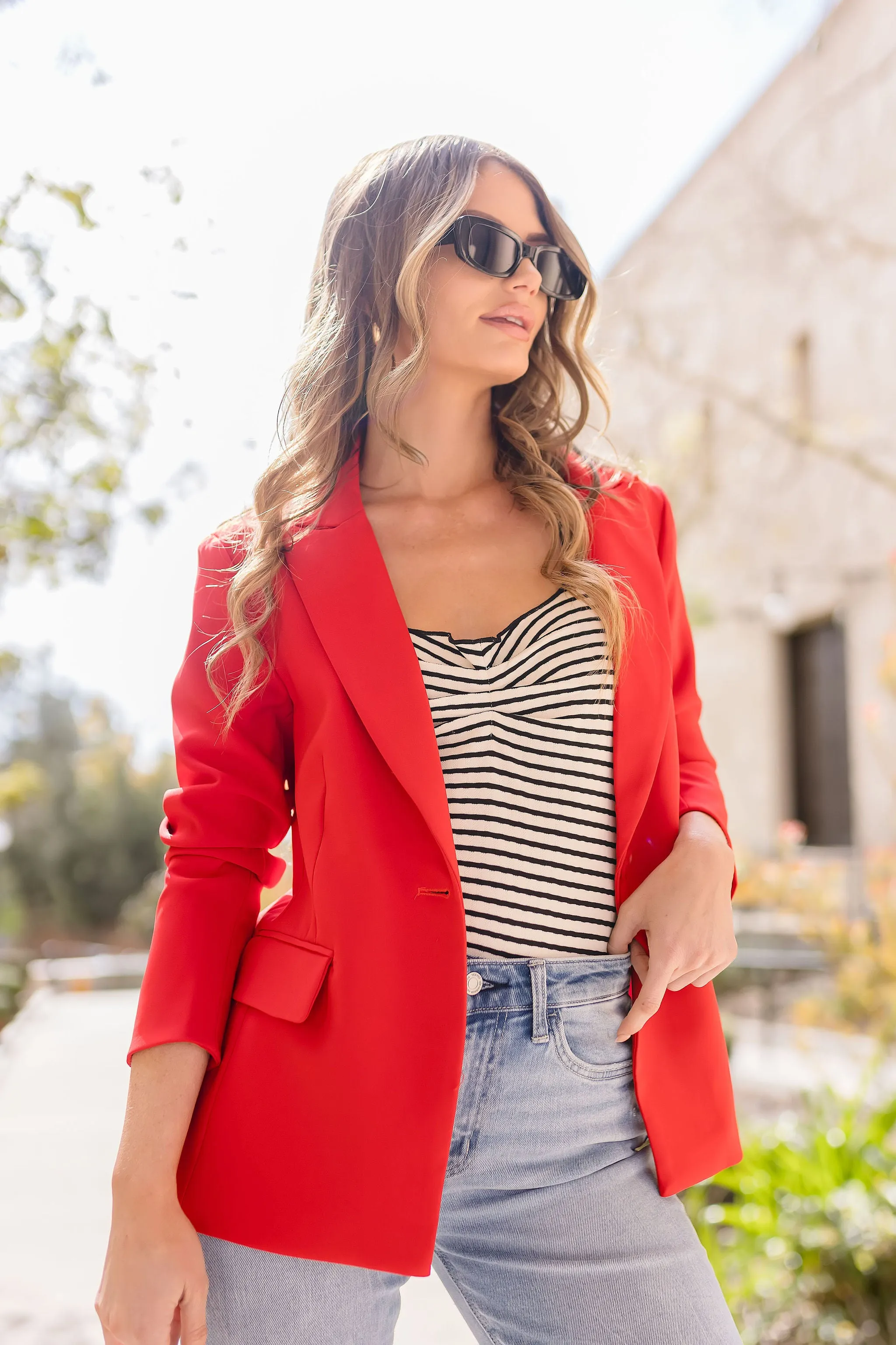 Monique Long Sleeve Notched Lapel Blazer Red