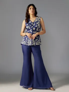 Navy Embroidered Flat Chiffon Sharara Set