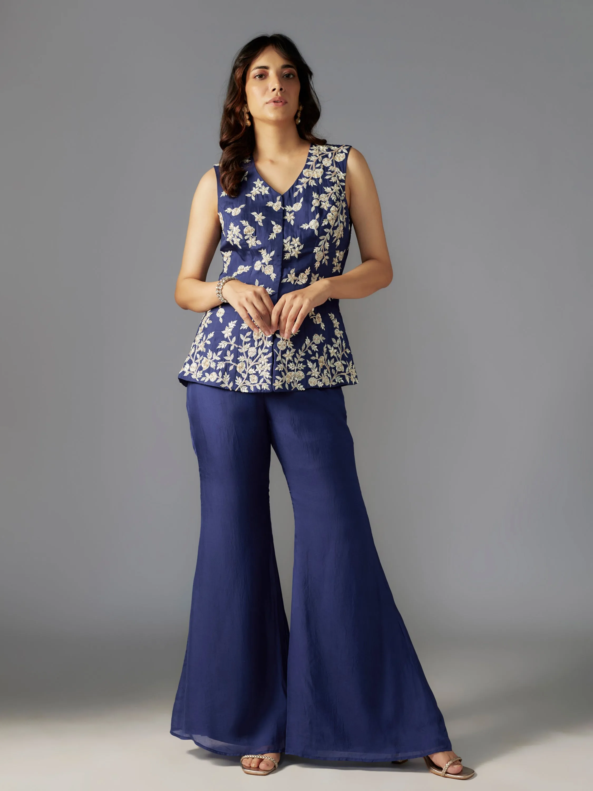 Navy Embroidered Flat Chiffon Sharara Set