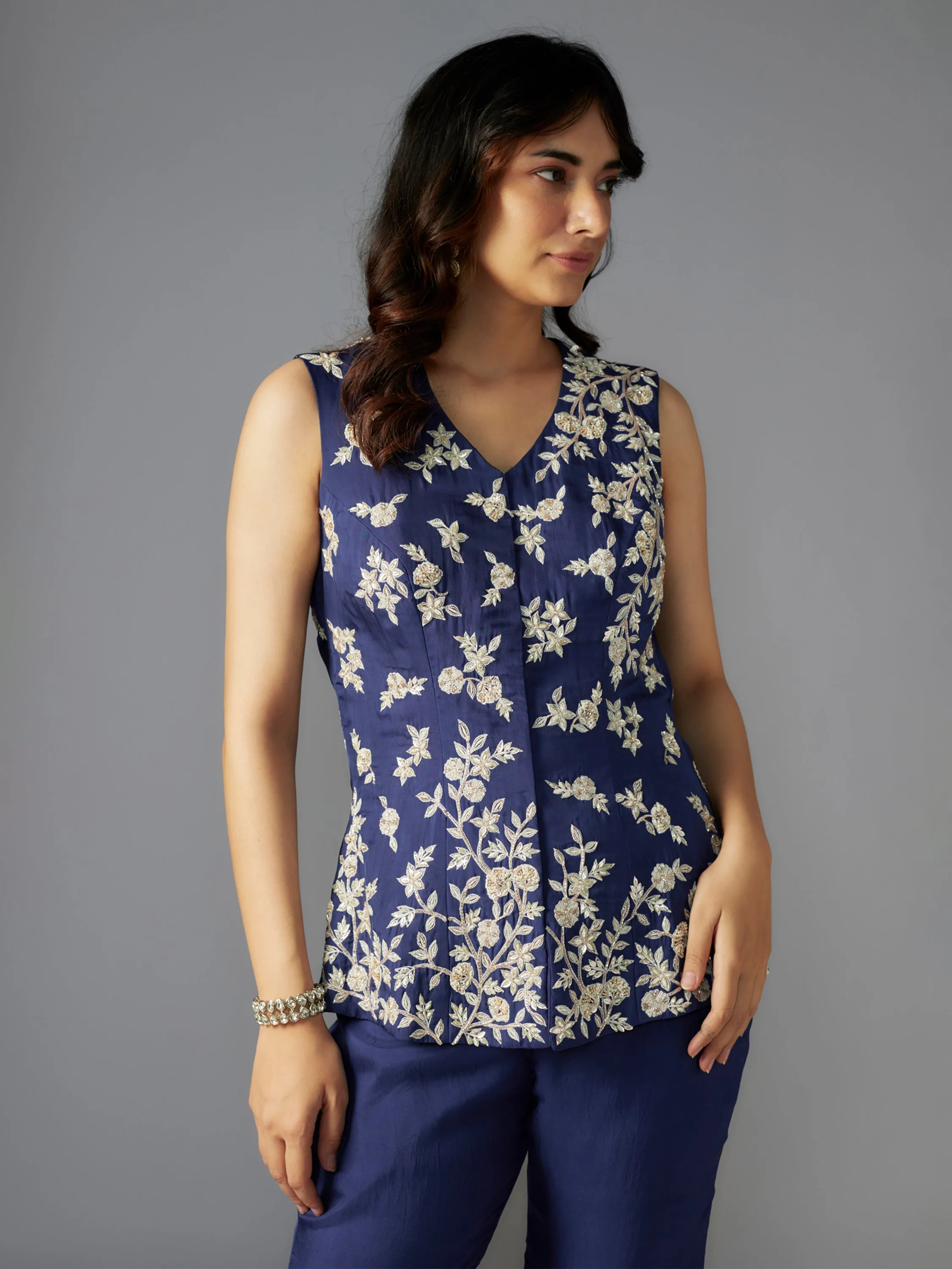 Navy Embroidered Flat Chiffon Sharara Set