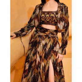 Nikita Mhaisalkar Sundown Coffee Bomber Jacket Tube Slit Skirt and Belt (Set of 3)