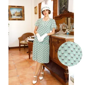 Printed green chiffon 1920s day dress with flutter sleeves