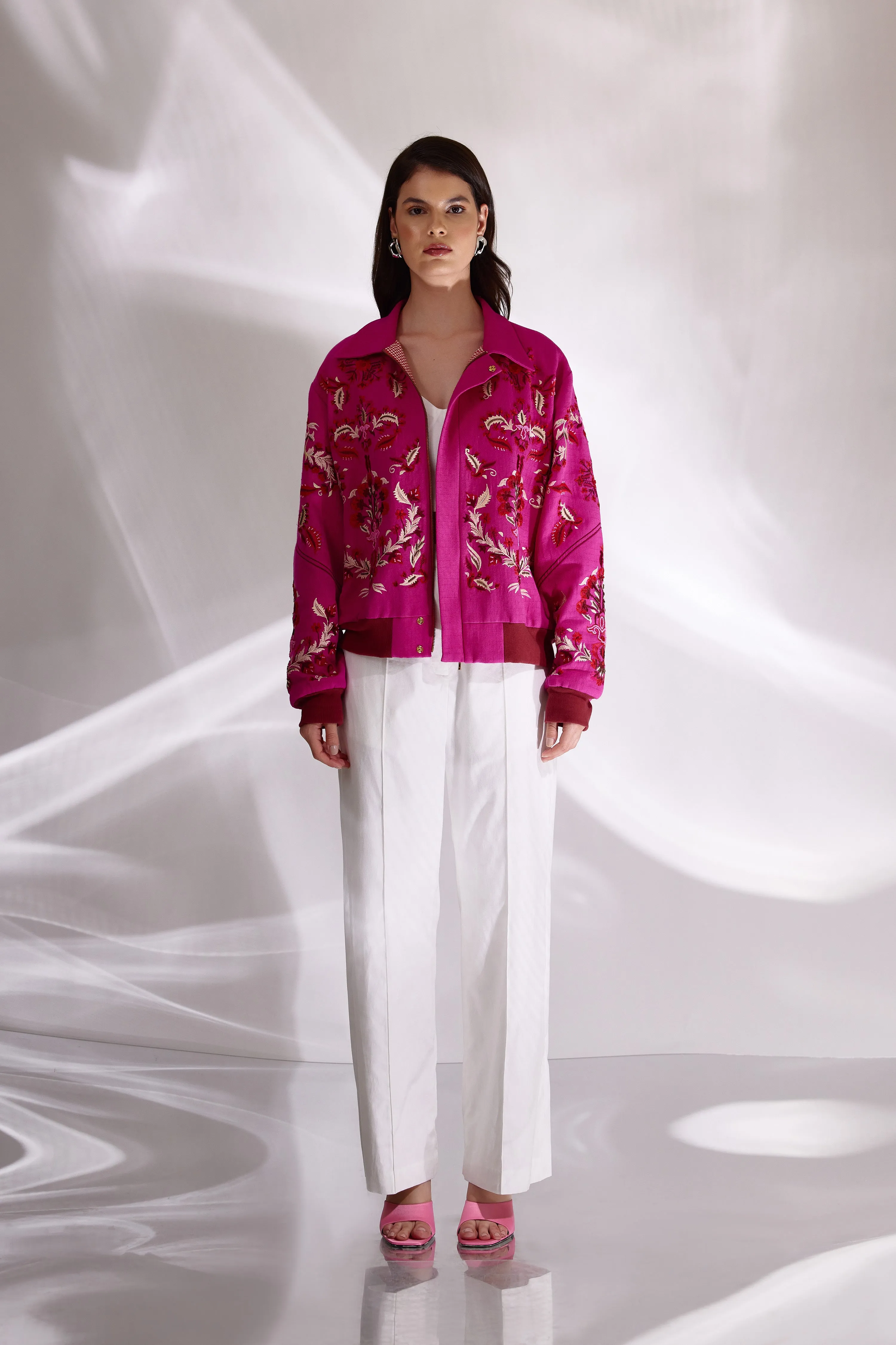Rani Embroidered Bomber Jacket In Handloom Herringbone Cotton
