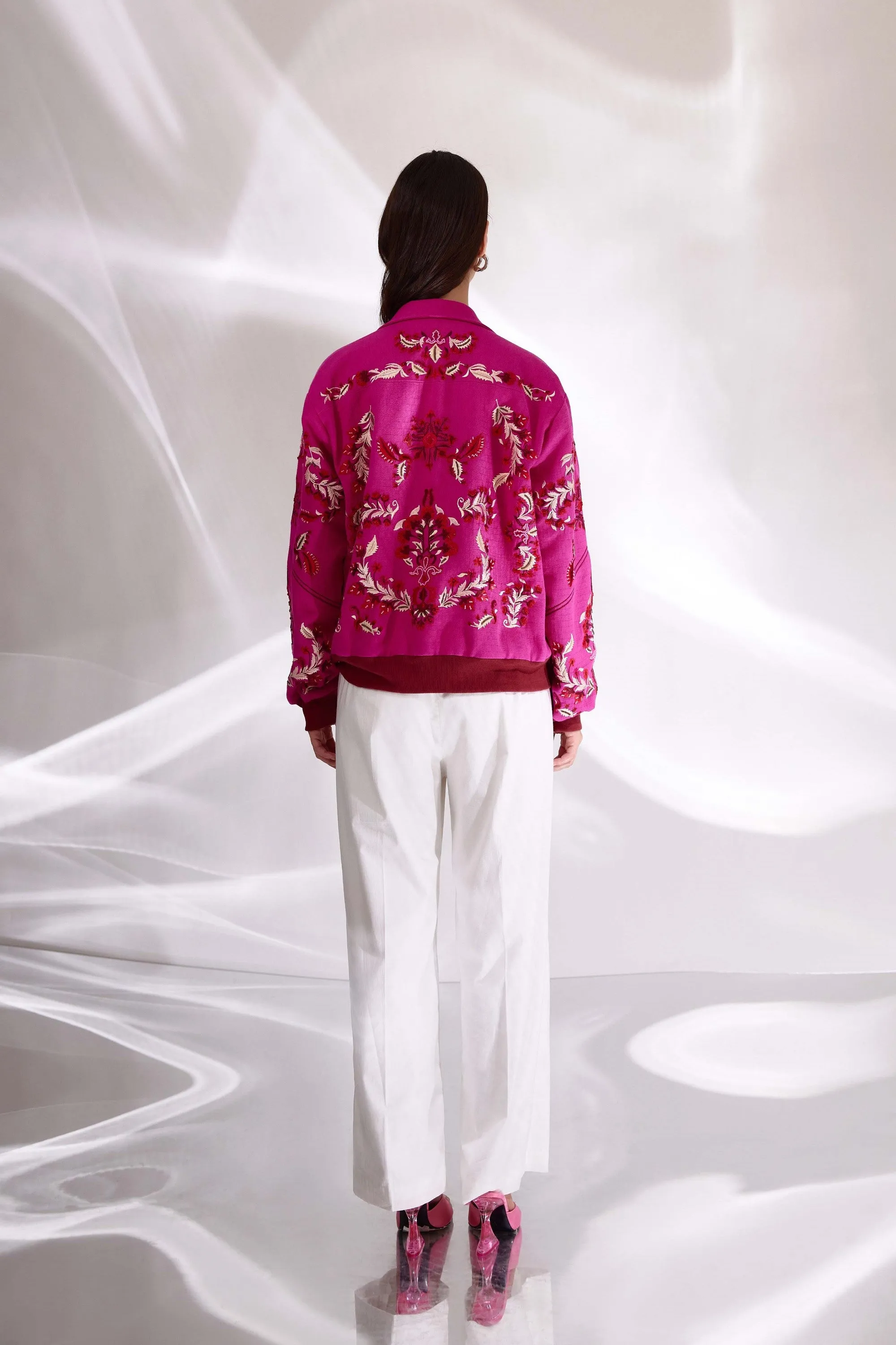 Rani Embroidered Bomber Jacket In Handloom Herringbone Cotton