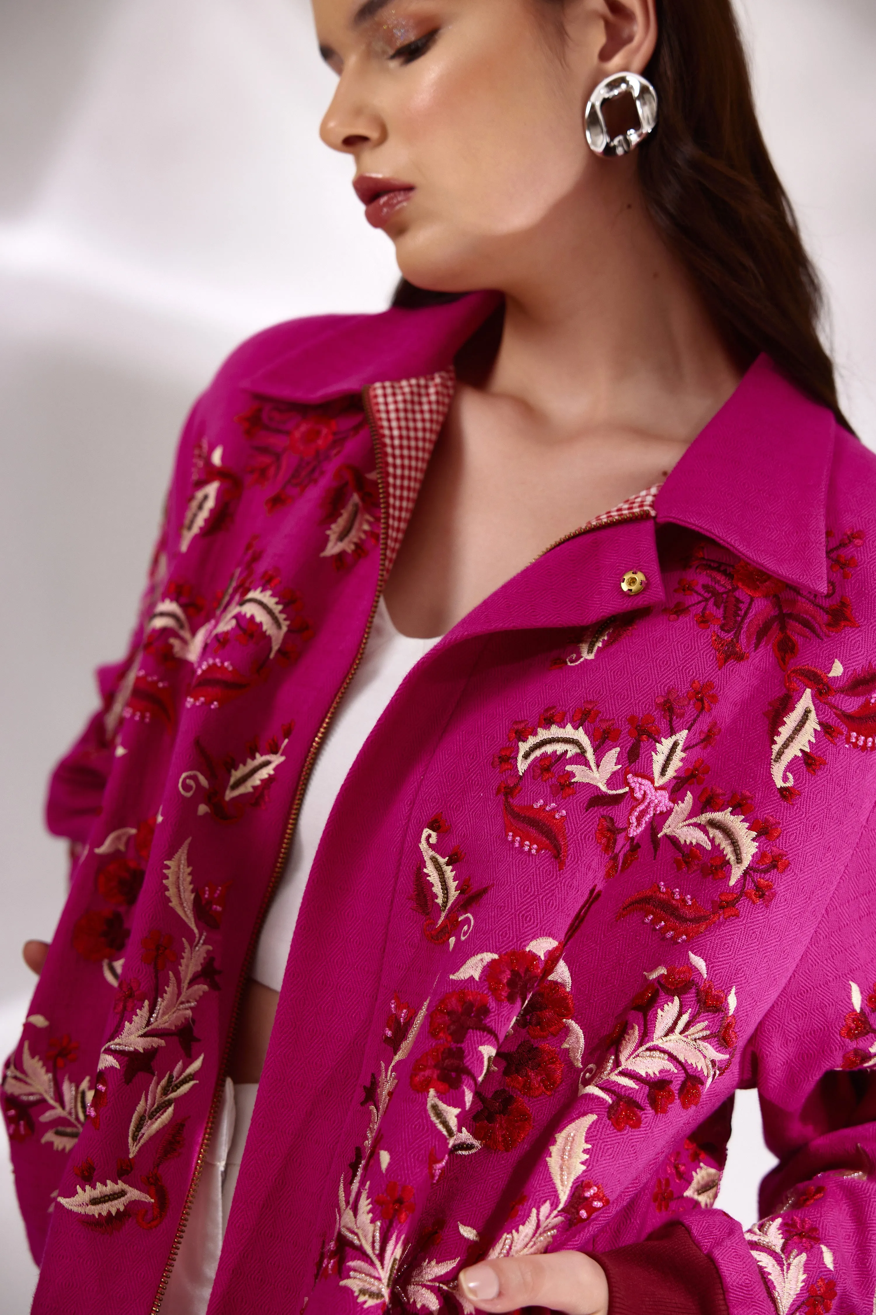 Rani Embroidered Bomber Jacket In Handloom Herringbone Cotton
