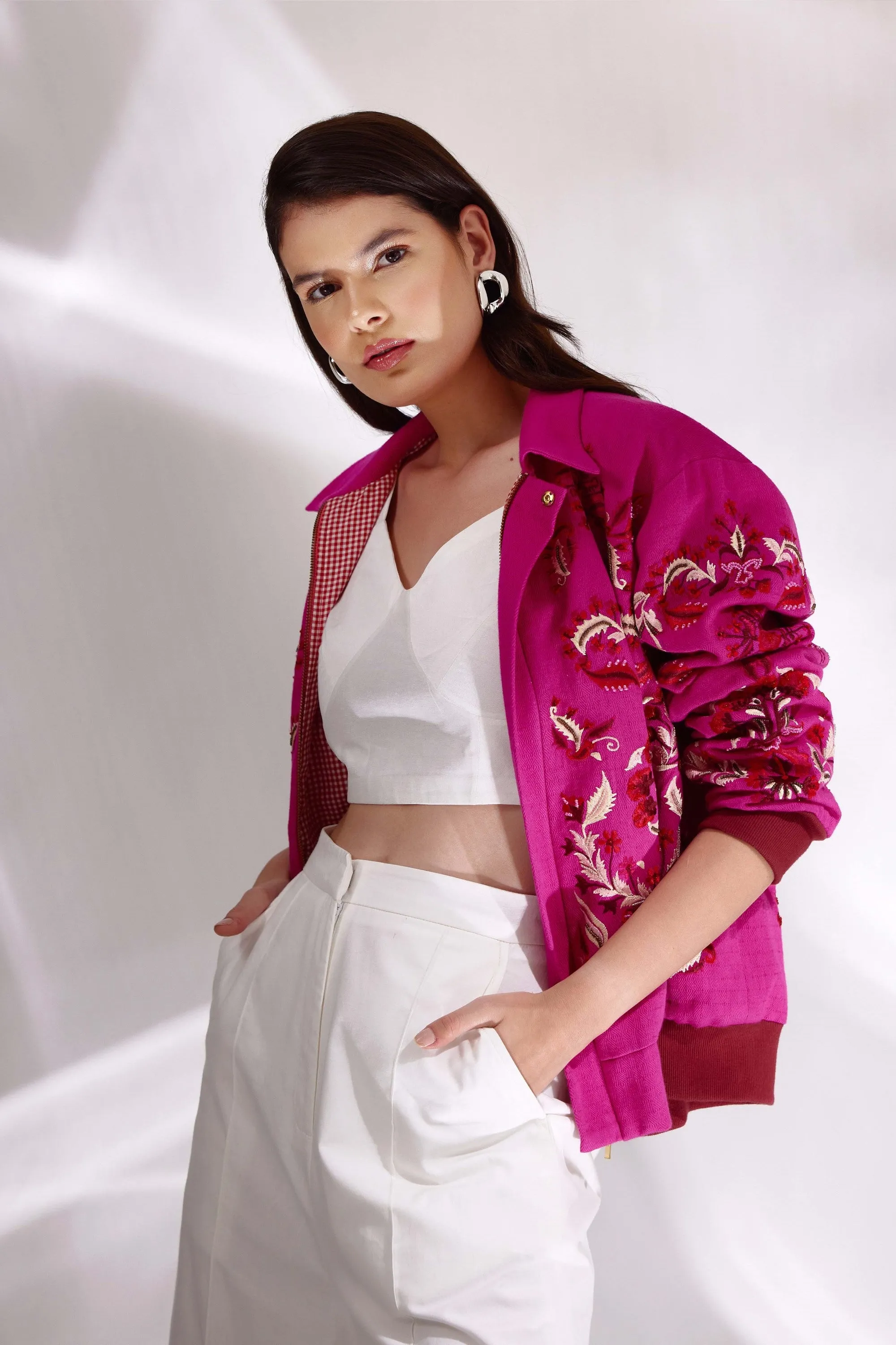 Rani Embroidered Bomber Jacket In Handloom Herringbone Cotton
