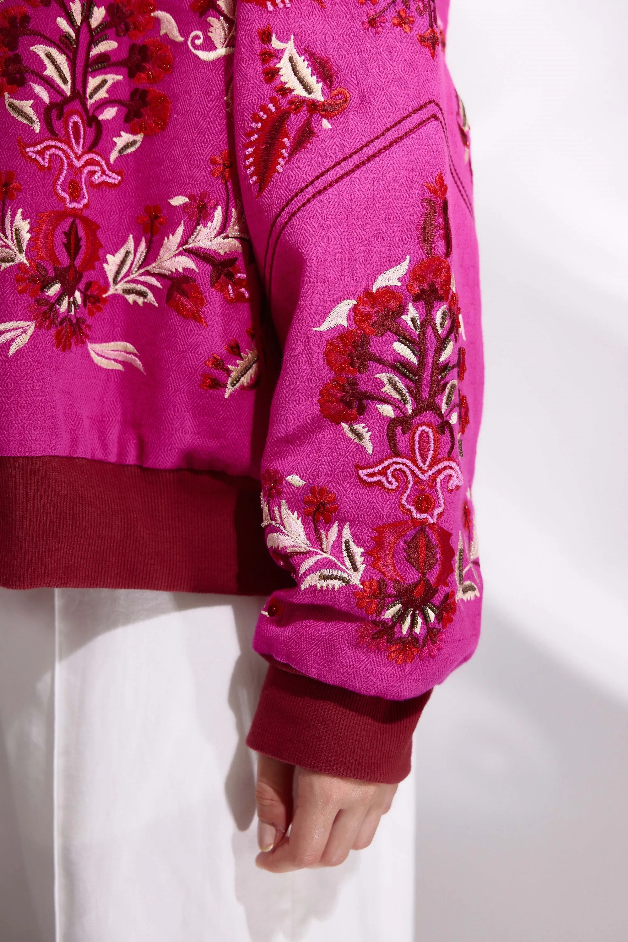 Rani Embroidered Bomber Jacket In Handloom Herringbone Cotton