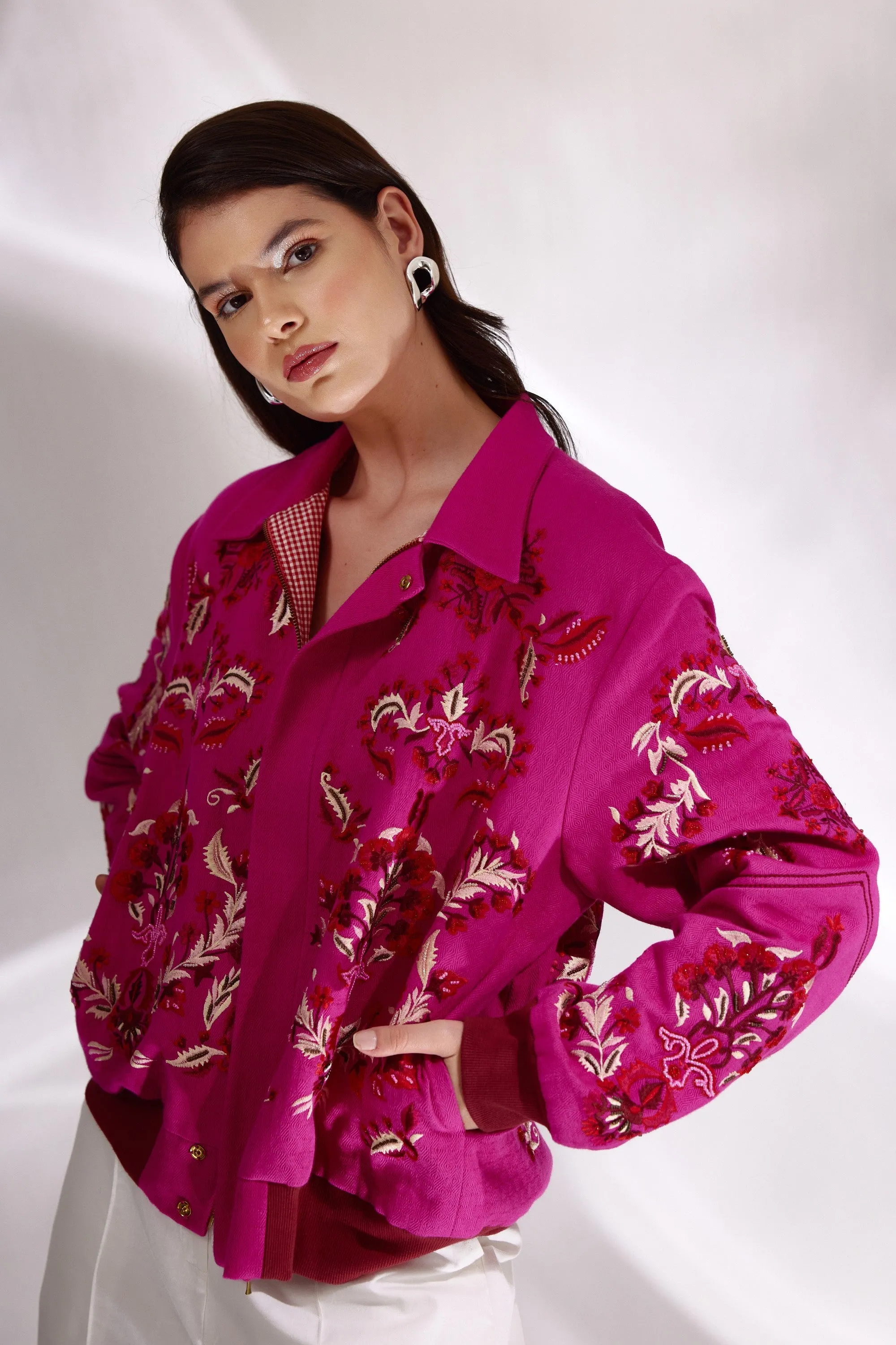 Rani Embroidered Bomber Jacket In Handloom Herringbone Cotton