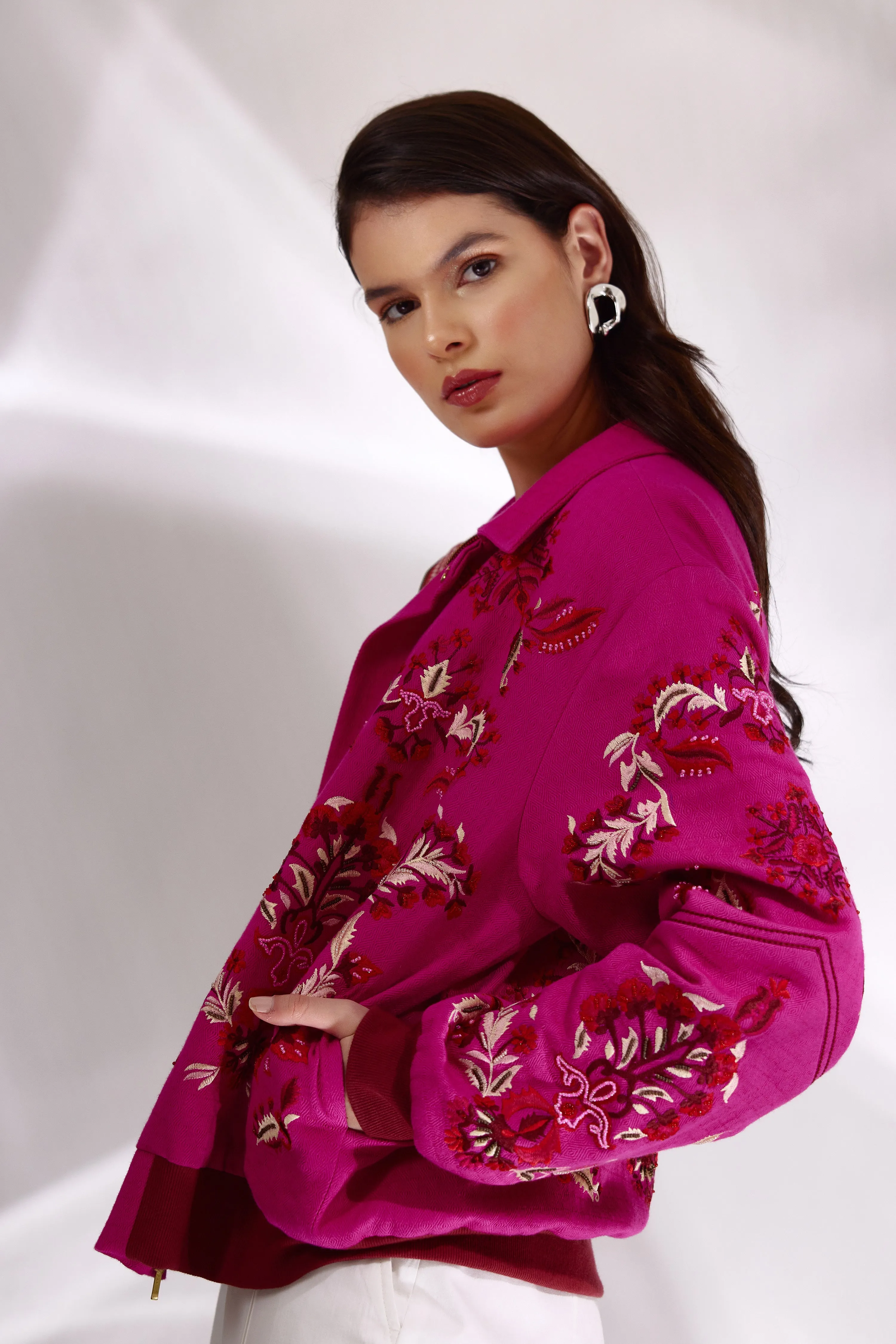 Rani Embroidered Bomber Jacket In Handloom Herringbone Cotton