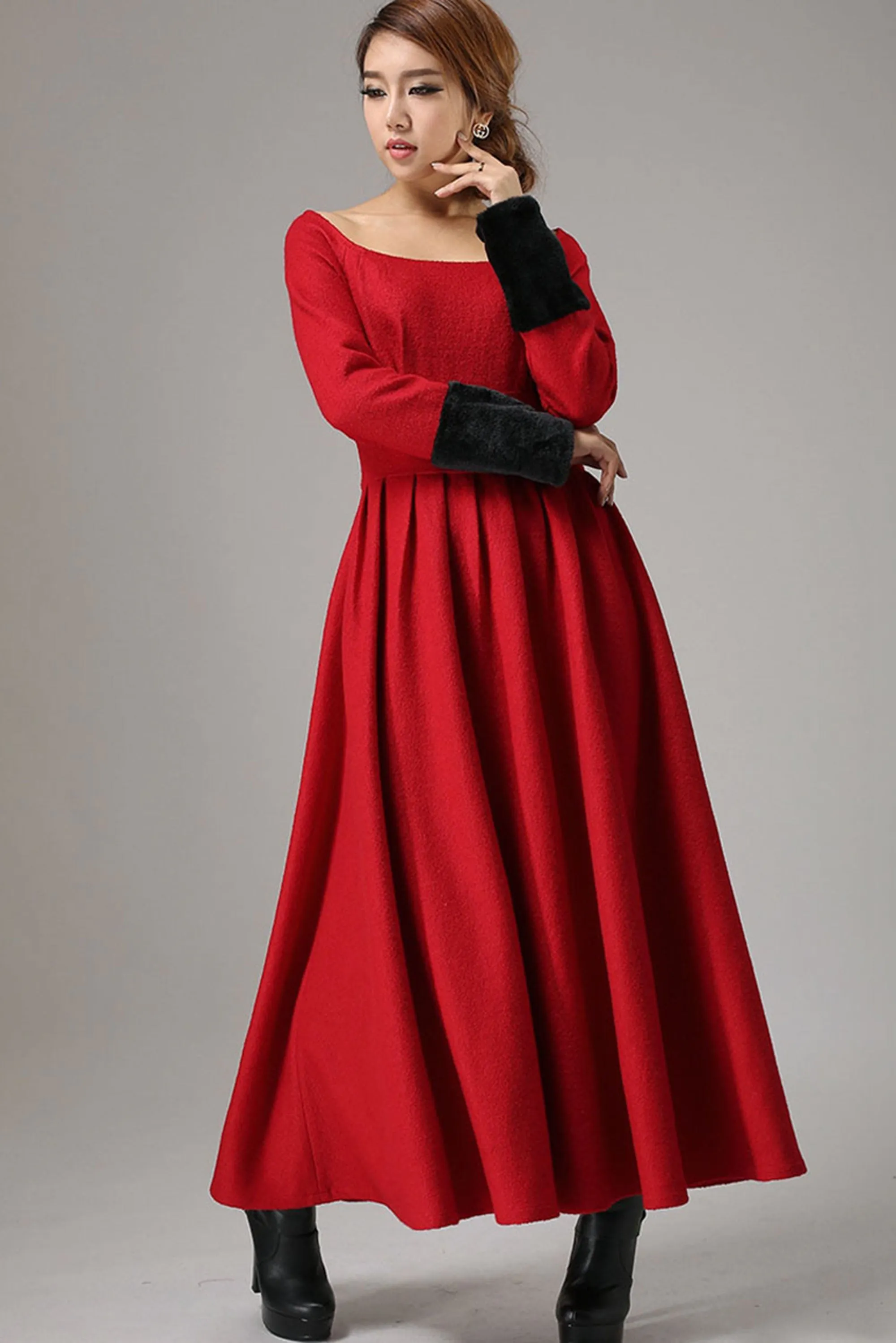 Red dress wool dress maxi winter dress (737)