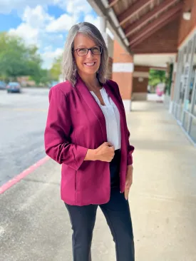 Say No More Wine Blazer with Ruched Sleeves and Side Pockets