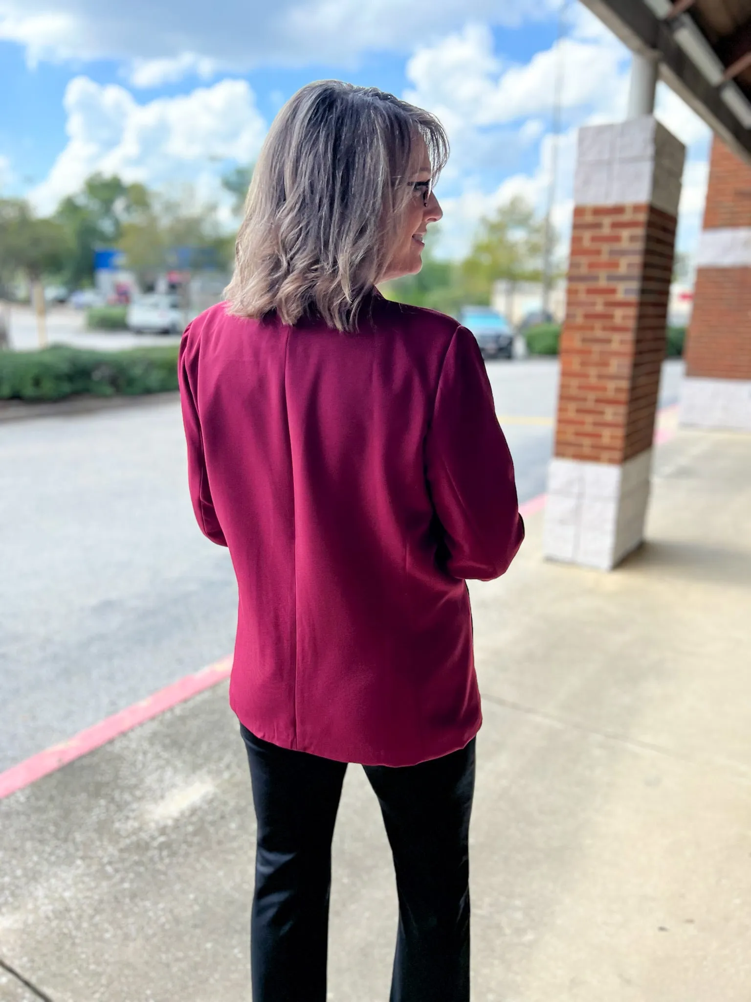 Say No More Wine Blazer with Ruched Sleeves and Side Pockets