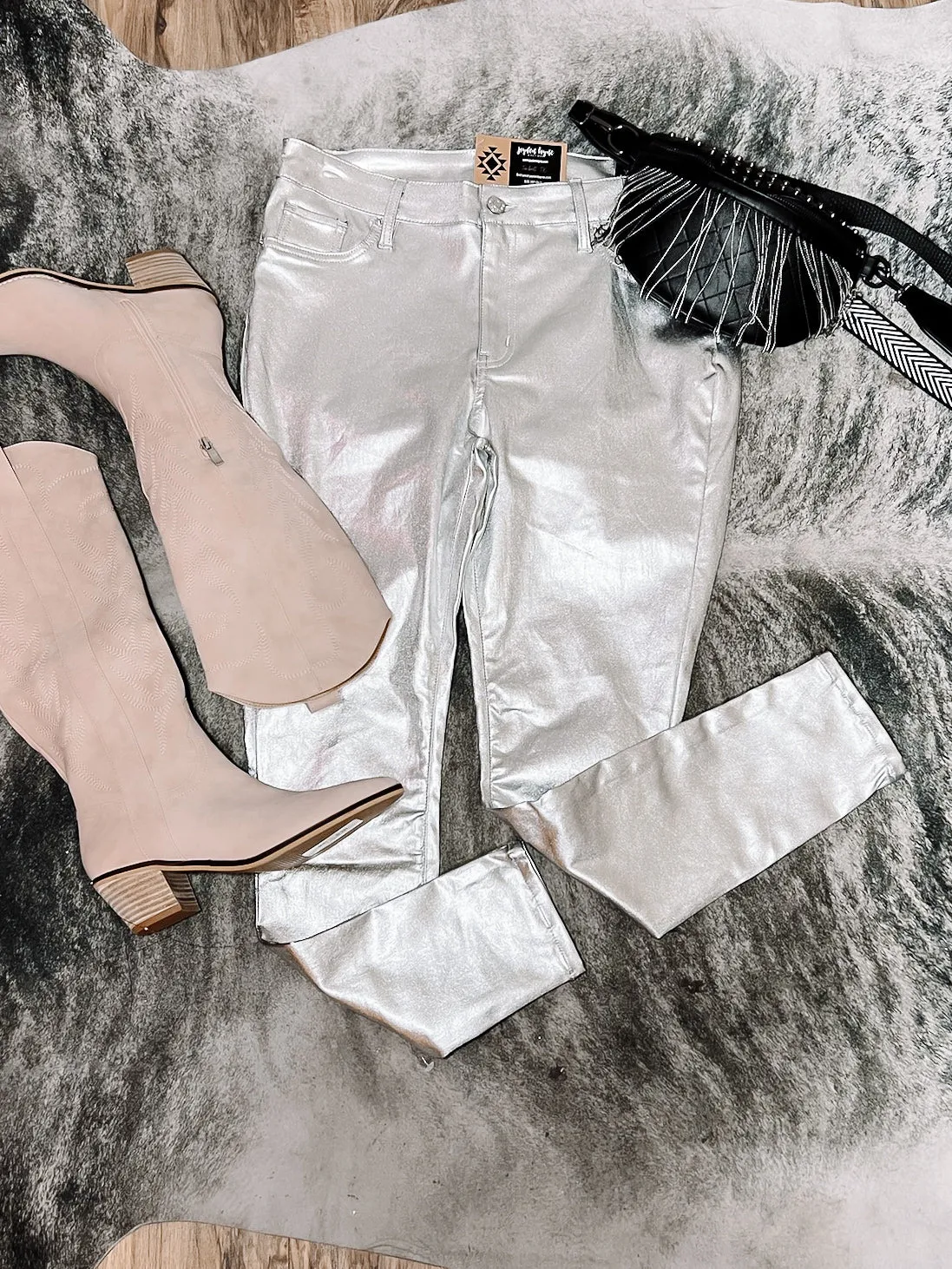 Silver High Rise Metallic Skinny Jean