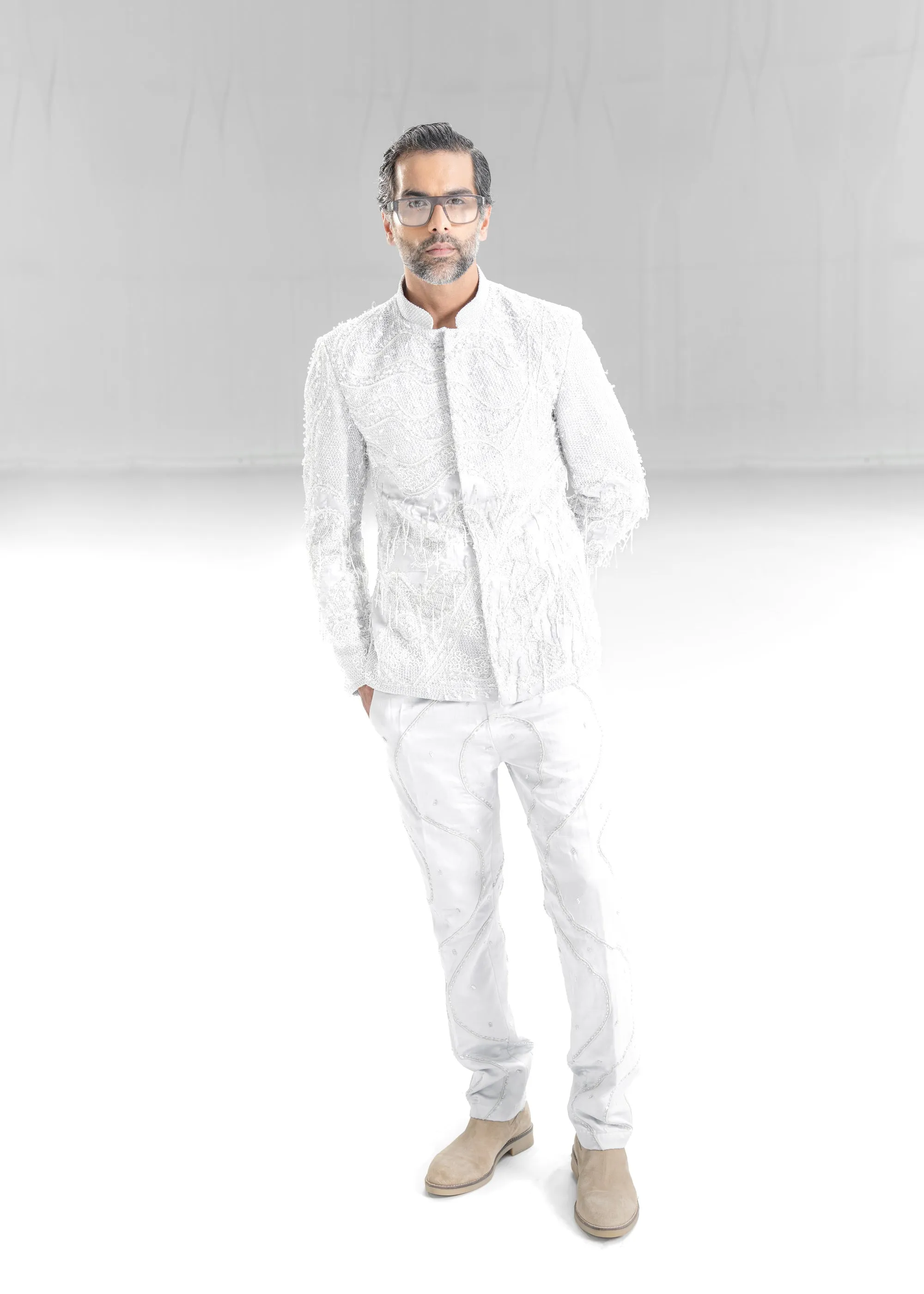 Sterling Lattice Mesh Bandhgala with Beaded Pants