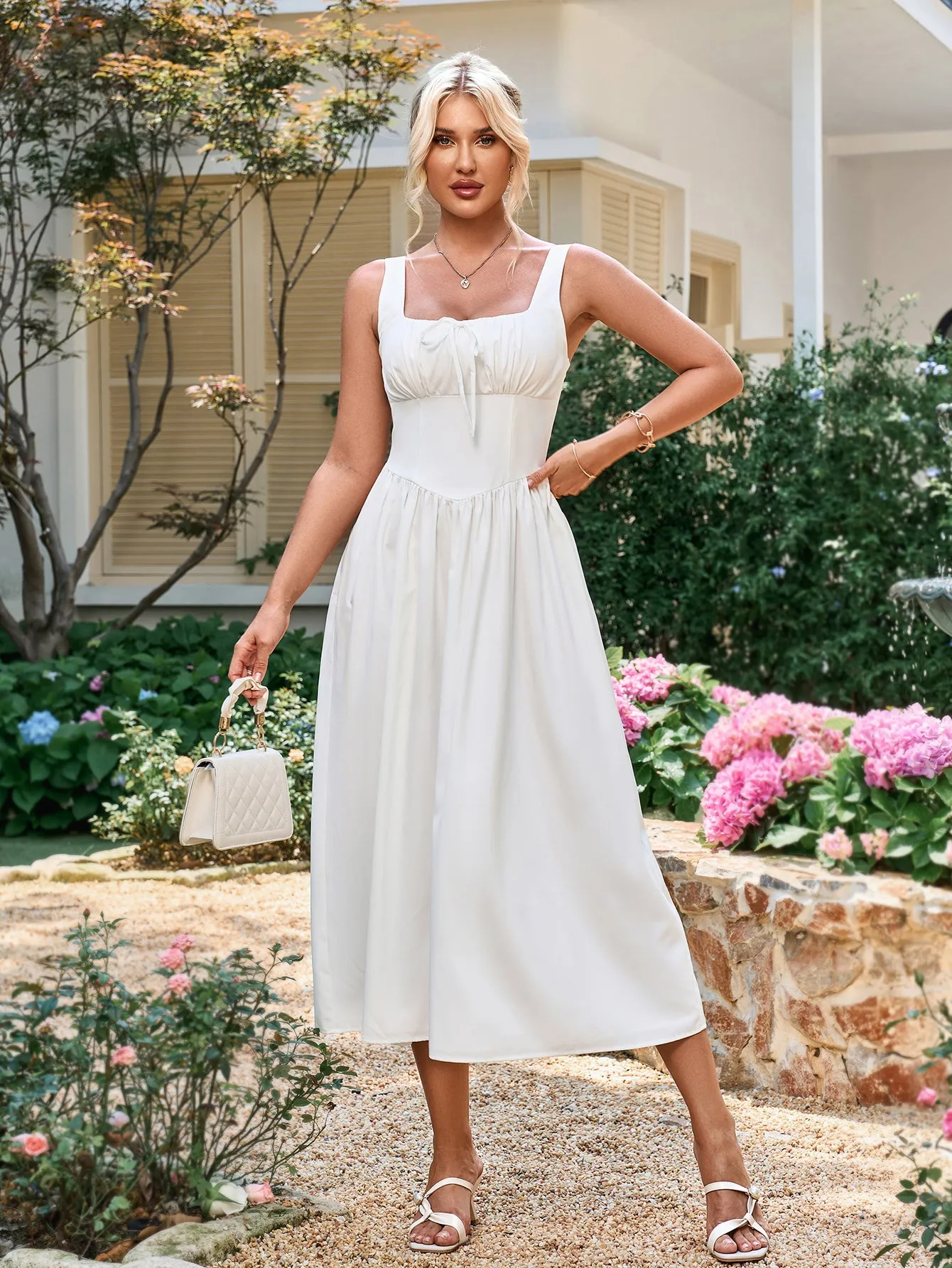 Tie Front Square Neck Shirred Ruched Sundress
