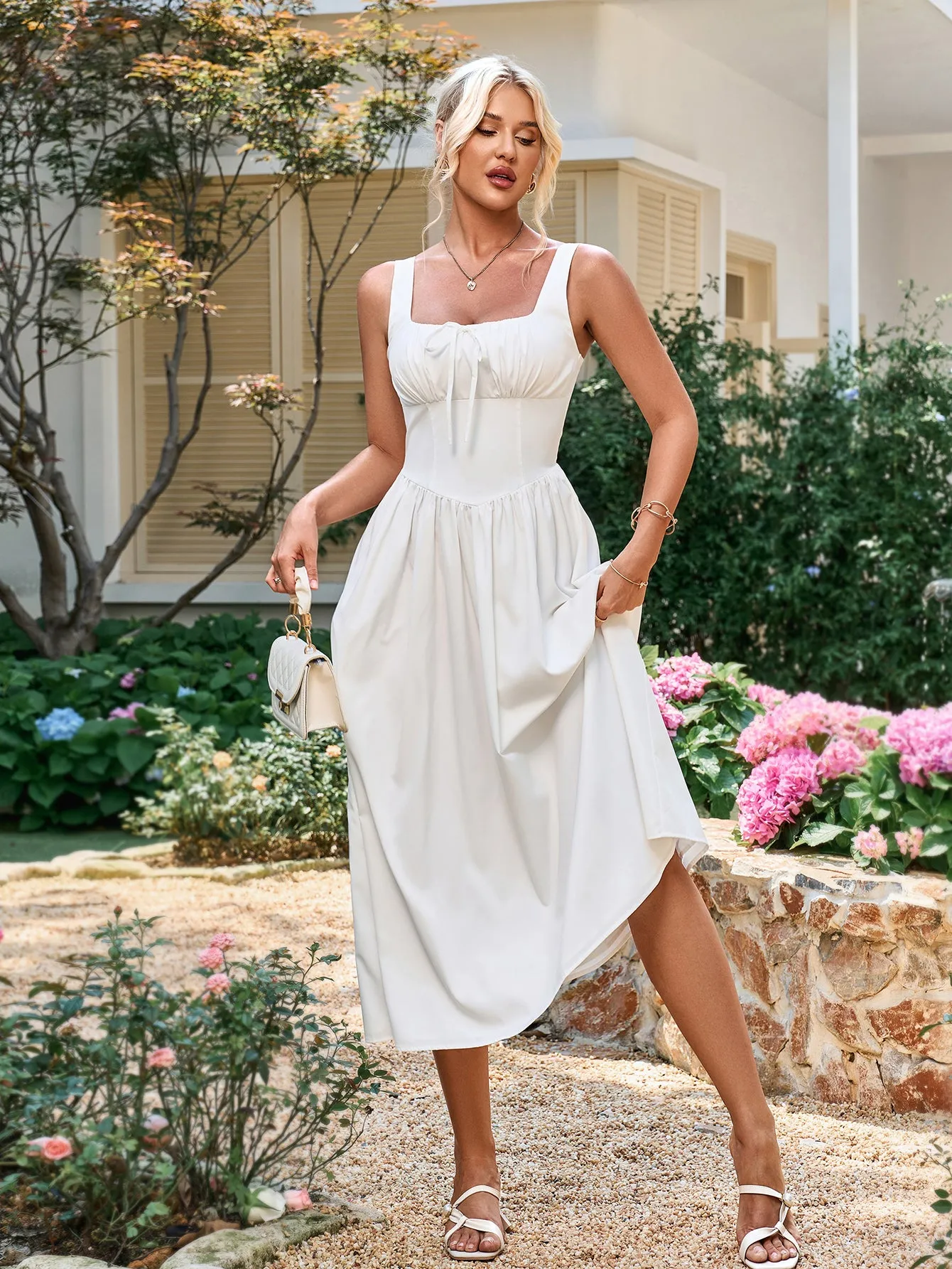 Tie Front Square Neck Shirred Ruched Sundress