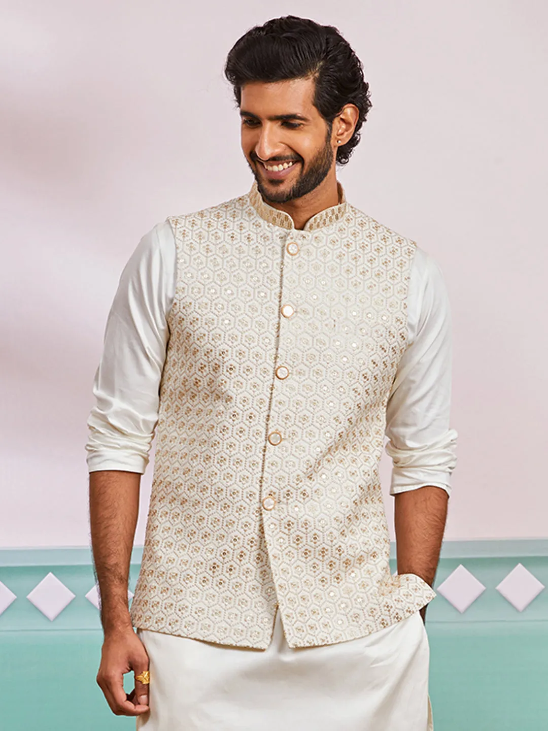 VASTRAMAY Men's Off White - Nehru Jacket