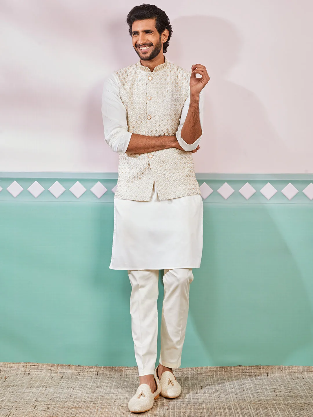 VASTRAMAY Men's Off White - Nehru Jacket