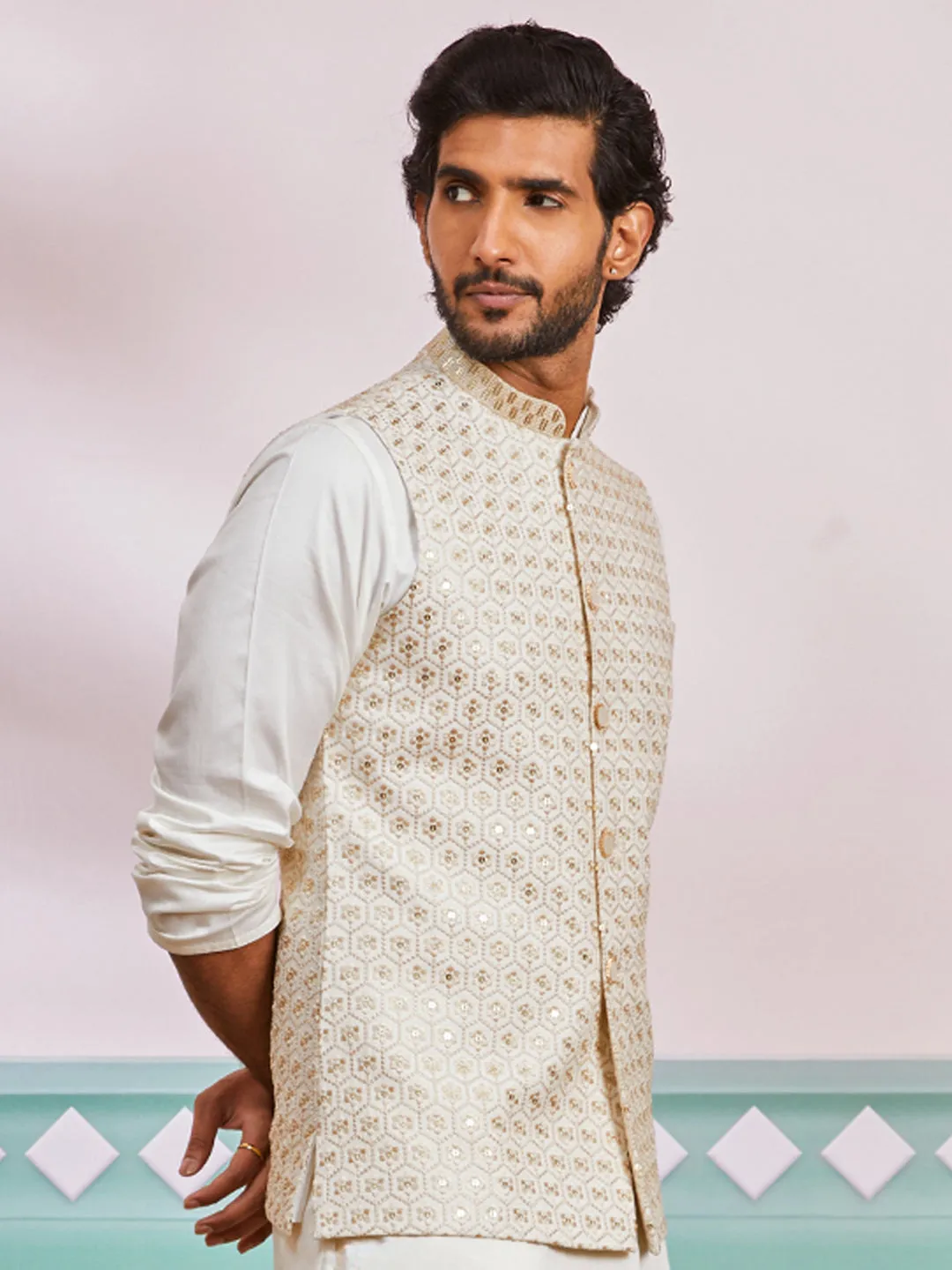 VASTRAMAY Men's Off White - Nehru Jacket