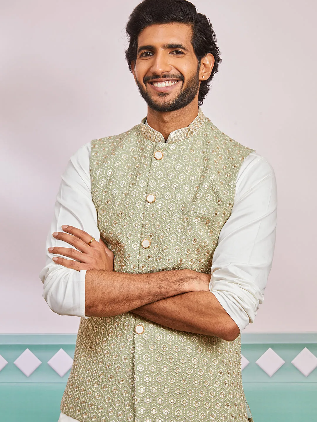 VASTRAMAY Men's Pista Green Fine Satin Nehru Jacket, Kurta And Pyjama Set.