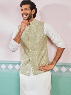 VASTRAMAY Men's Pista Green Fine Satin Nehru Jacket, Kurta And Pyjama Set.