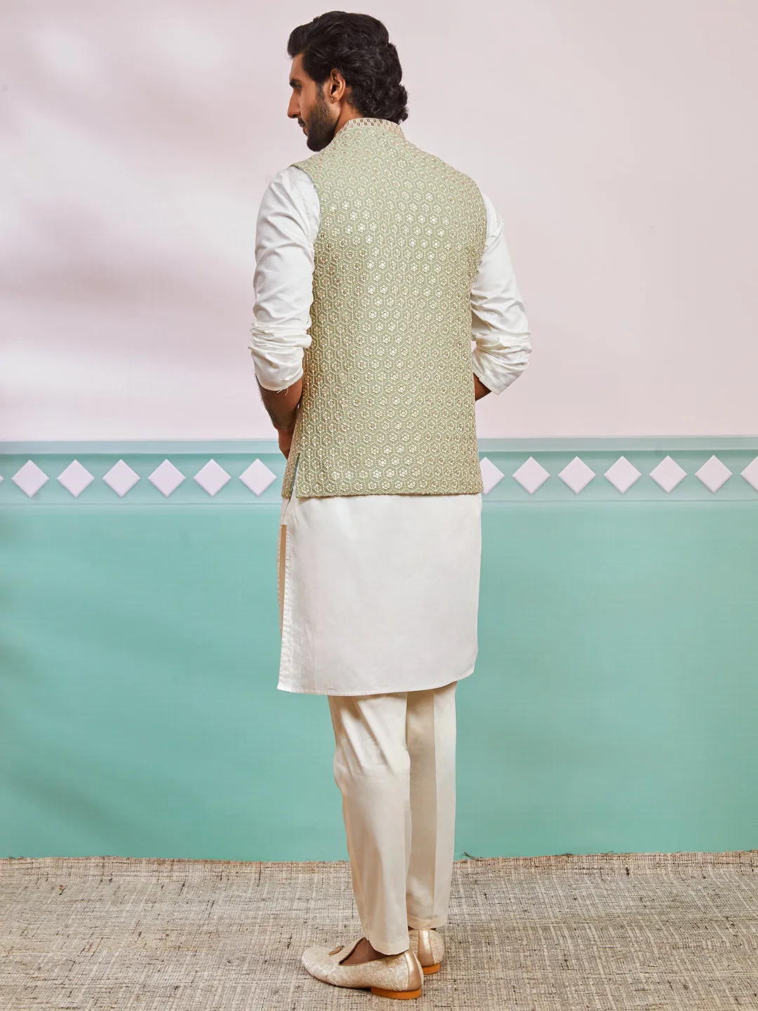 VASTRAMAY Men's Pista Green Fine Satin Nehru Jacket, Kurta And Pyjama Set.