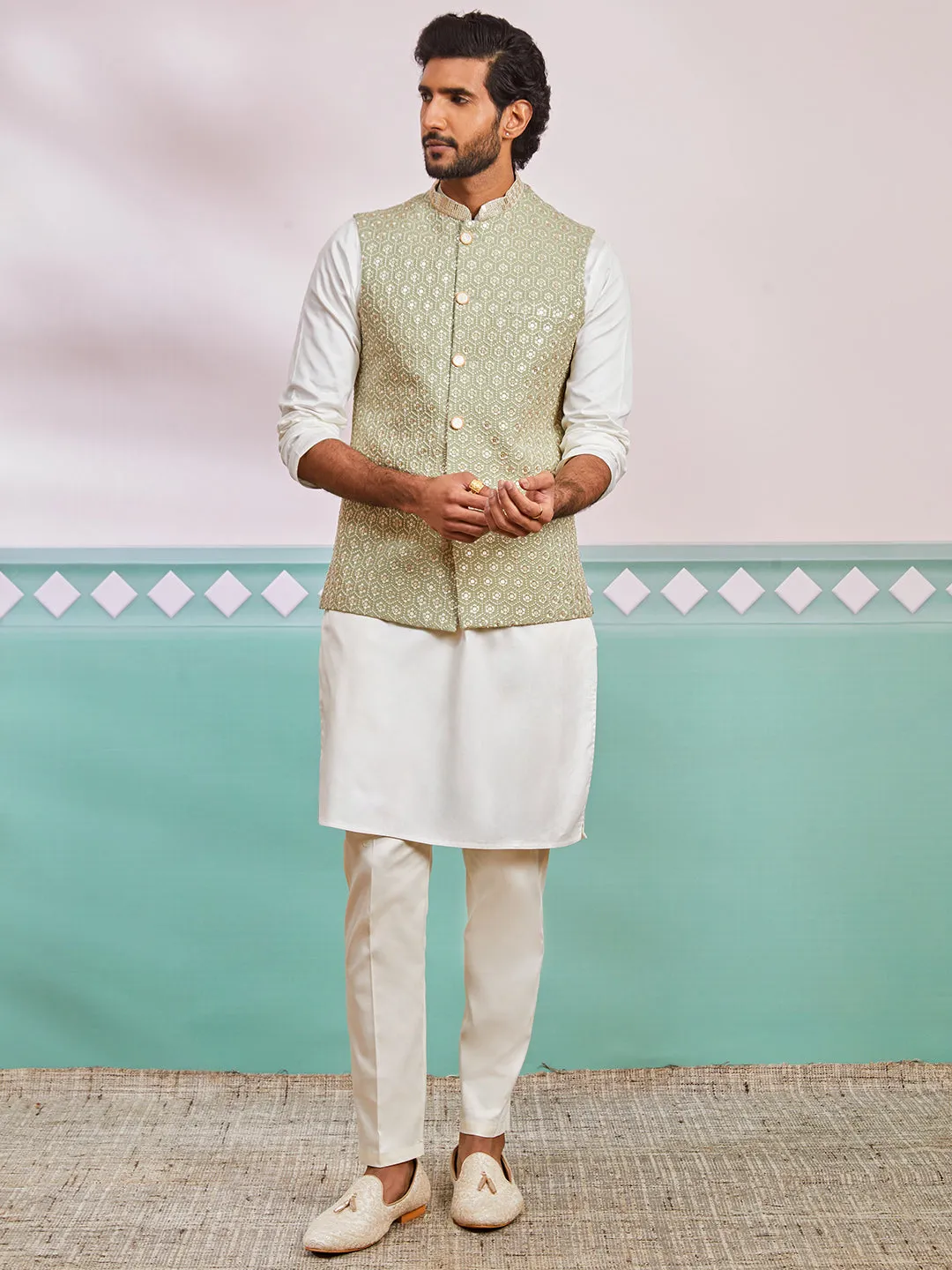 VASTRAMAY Men's Pista Green Fine Satin Nehru Jacket, Kurta And Pyjama Set.