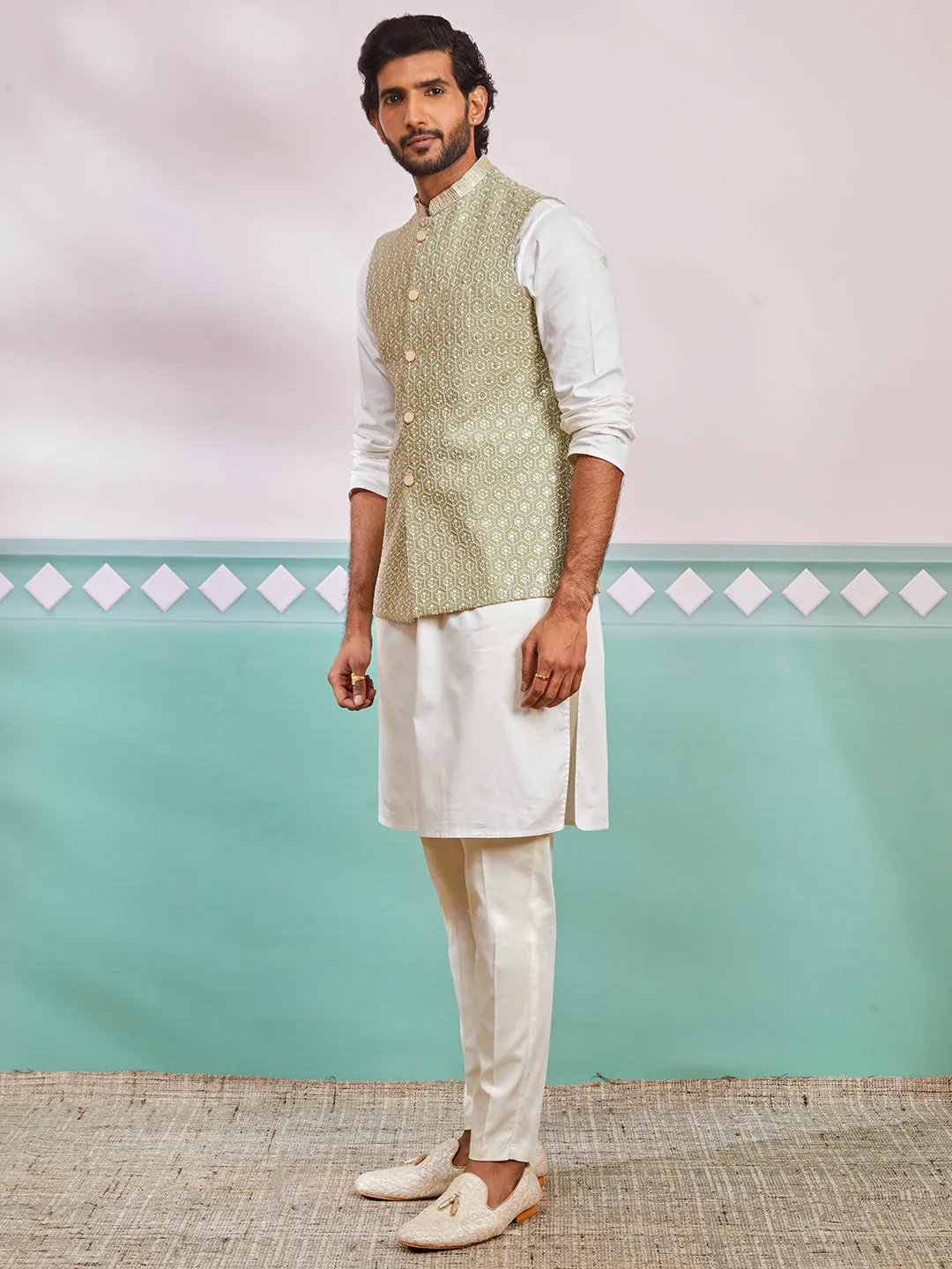 VASTRAMAY Men's Pista Green Fine Satin Nehru Jacket, Kurta And Pyjama Set.