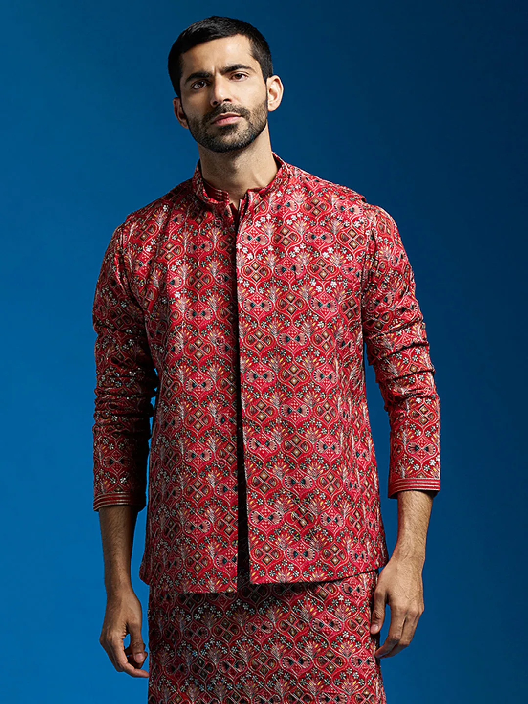 VASTRAMAY Men's Red - Nehru Jacket