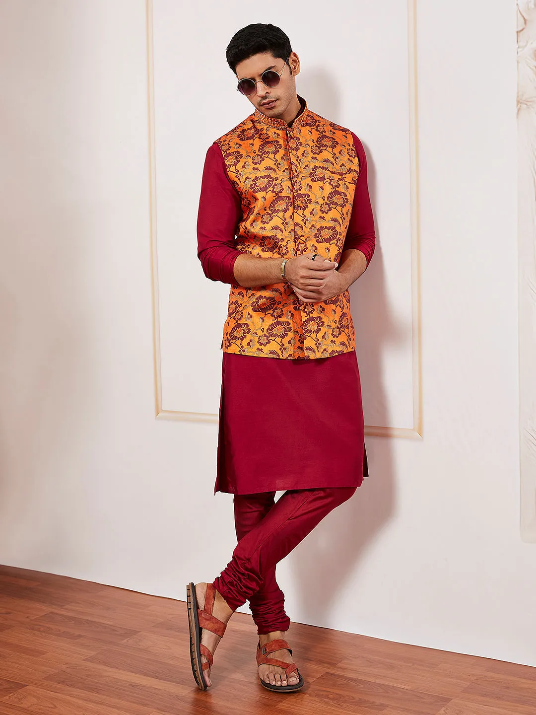 VASTRAMAY Men's Rust Silk Blend Nehru Jacket.