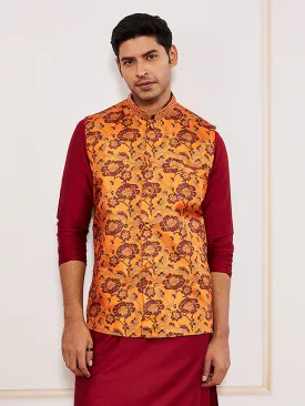 VASTRAMAY Men's Rust Silk Blend Nehru Jacket.