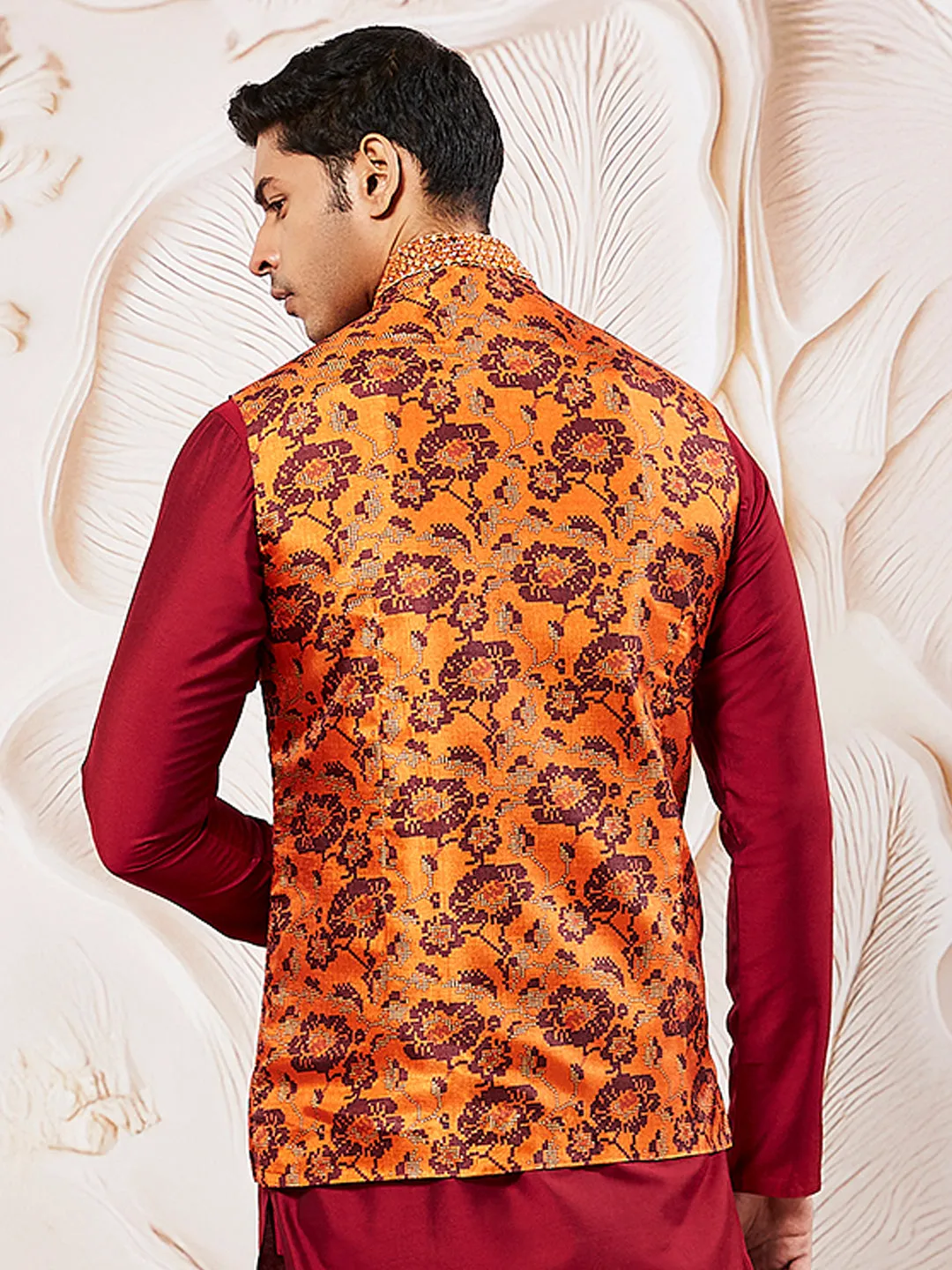 VASTRAMAY Men's Rust Silk Blend Nehru Jacket.