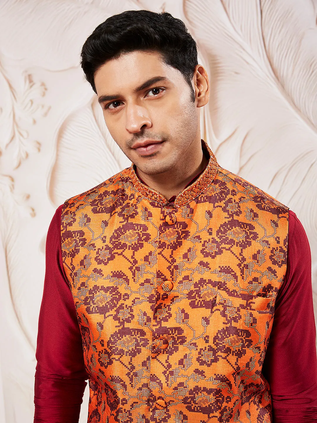 VASTRAMAY Men's Rust Silk Blend Nehru Jacket.