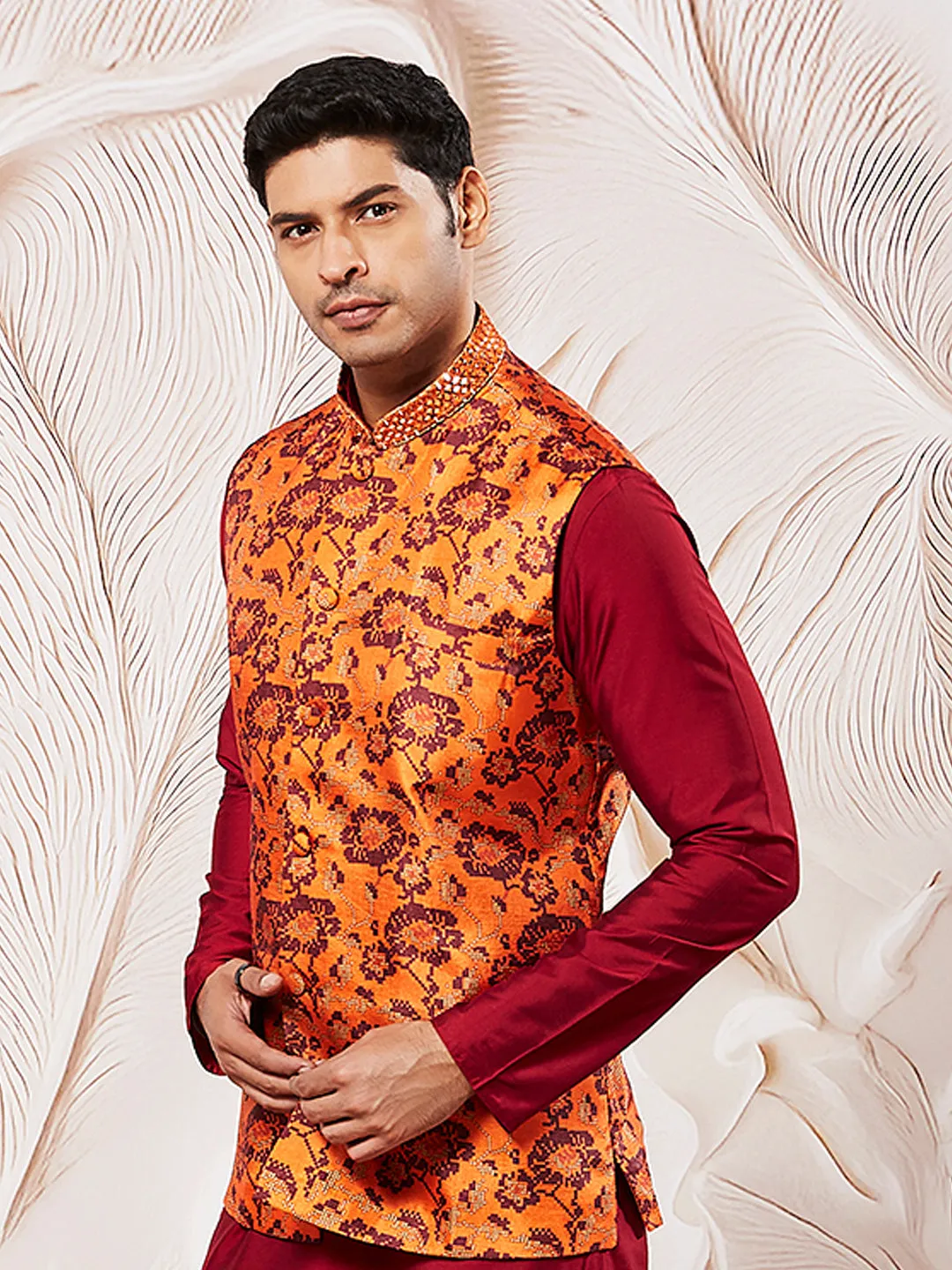 VASTRAMAY Men's Rust Silk Blend Nehru Jacket.