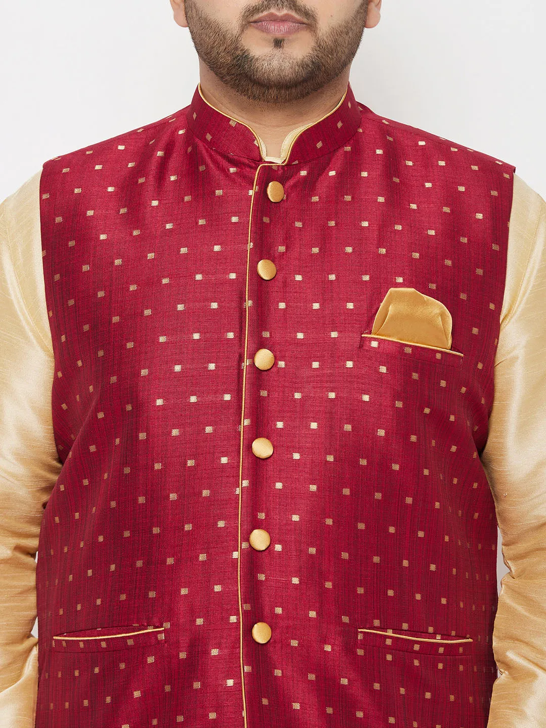 VASTRAMAY PLUS Men's Maroon Zari Weaved Nehru Jacket With Kurta Dhoti set