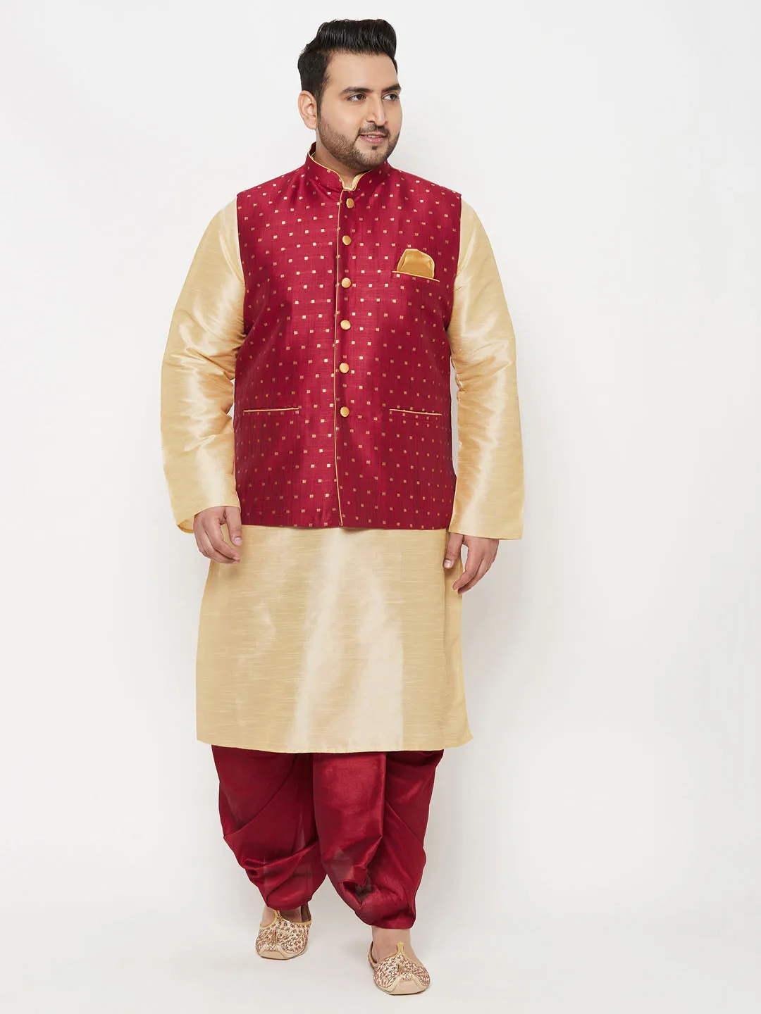 VASTRAMAY PLUS Men's Maroon Zari Weaved Nehru Jacket With Kurta Dhoti set