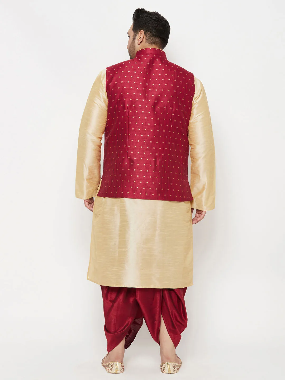 VASTRAMAY PLUS Men's Maroon Zari Weaved Nehru Jacket With Kurta Dhoti set