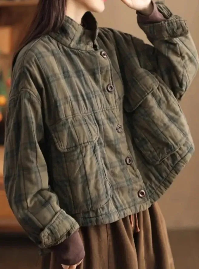 Vintage Cotton Linen Plaid Quilted Jacket