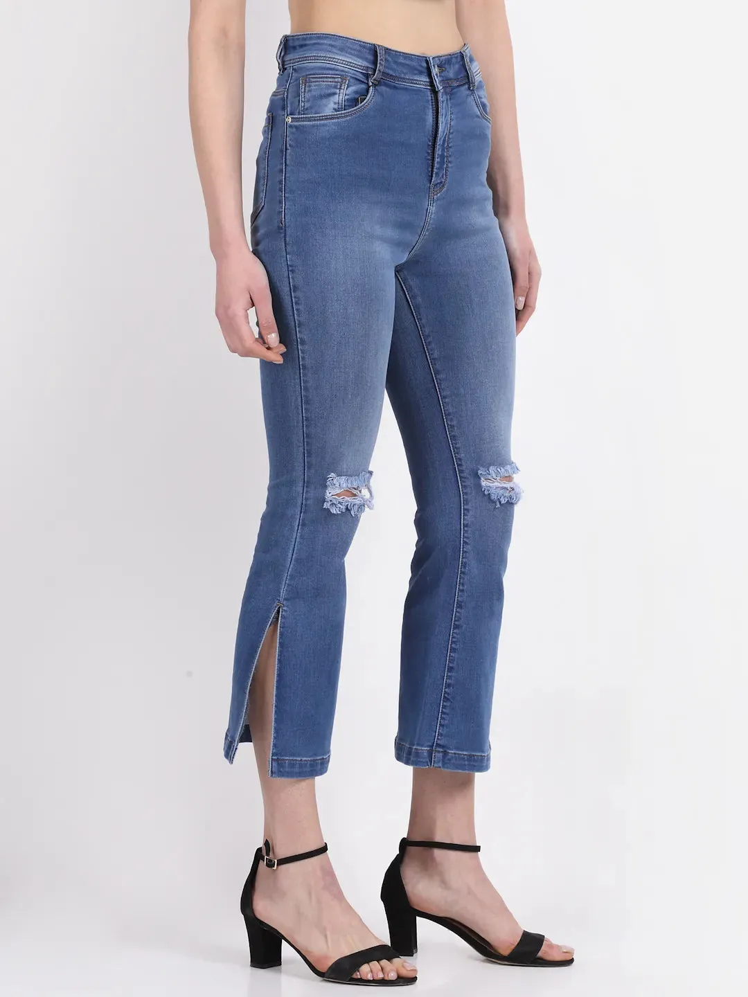Women Bell-Bottom Cropped Length Distressed Blue Jeans