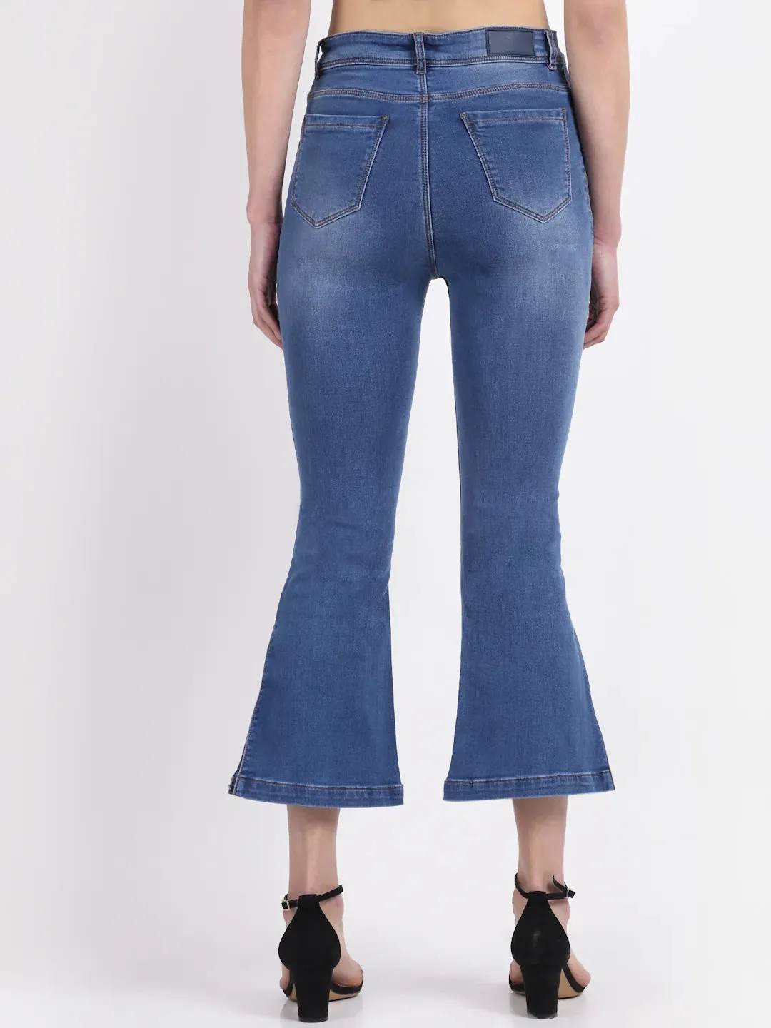 Women Bell-Bottom Cropped Length Distressed Blue Jeans