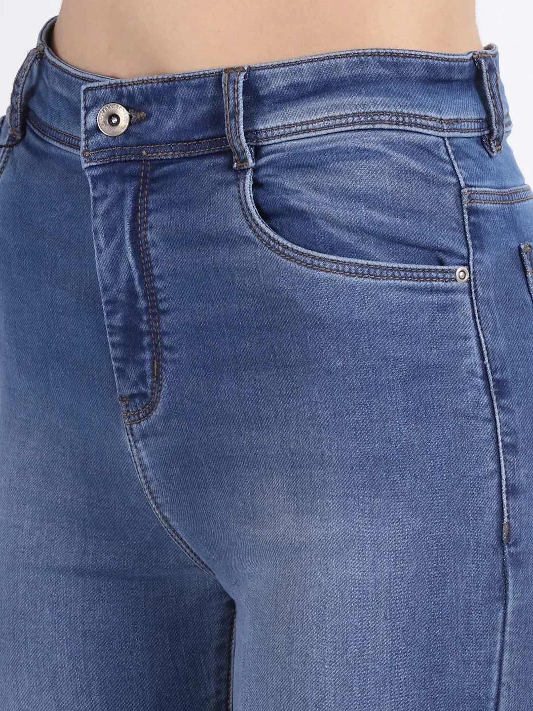 Women Bell-Bottom Cropped Length Distressed Blue Jeans