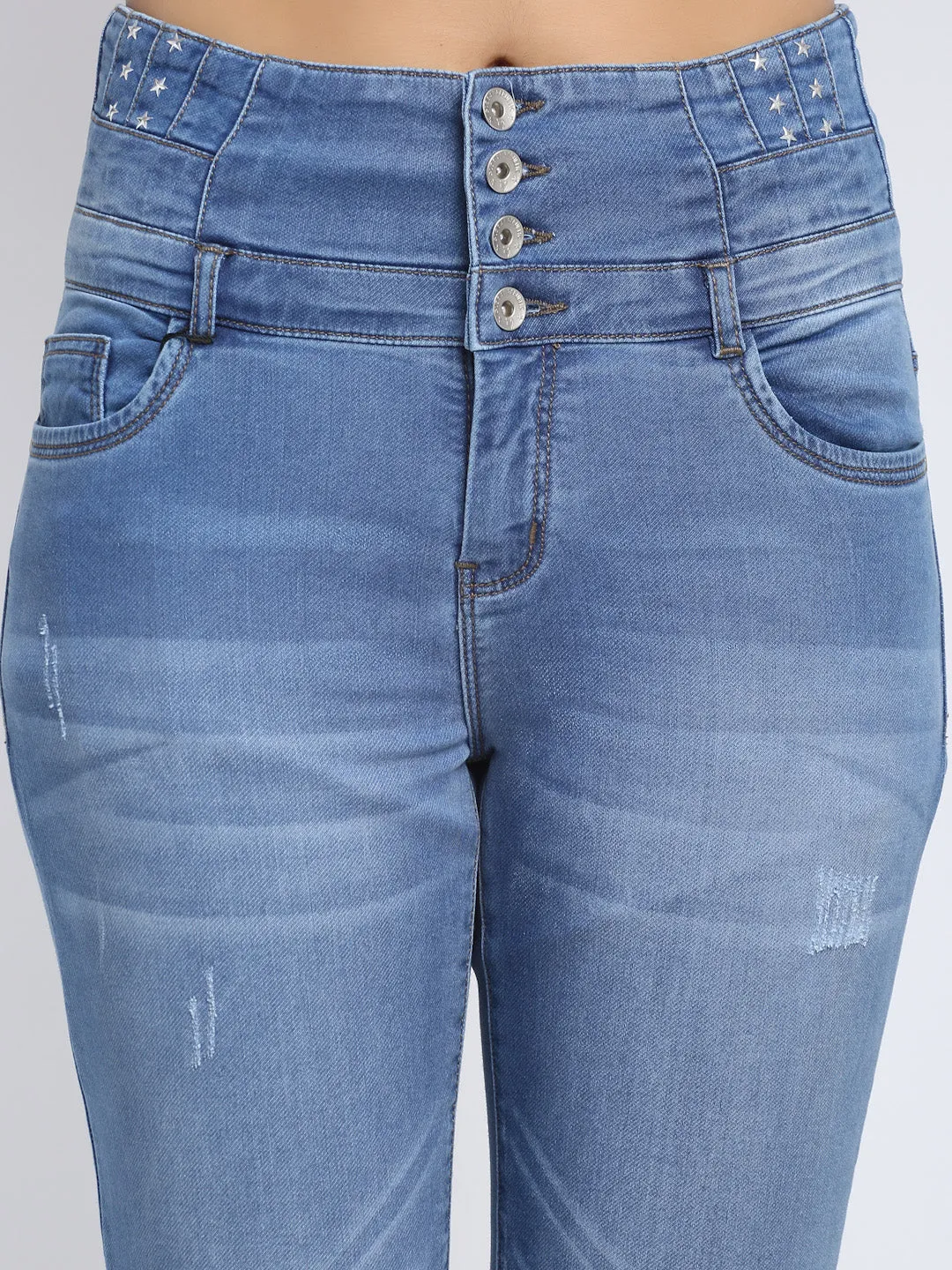 Women Double Waistband Slim Fit Blue Jeans