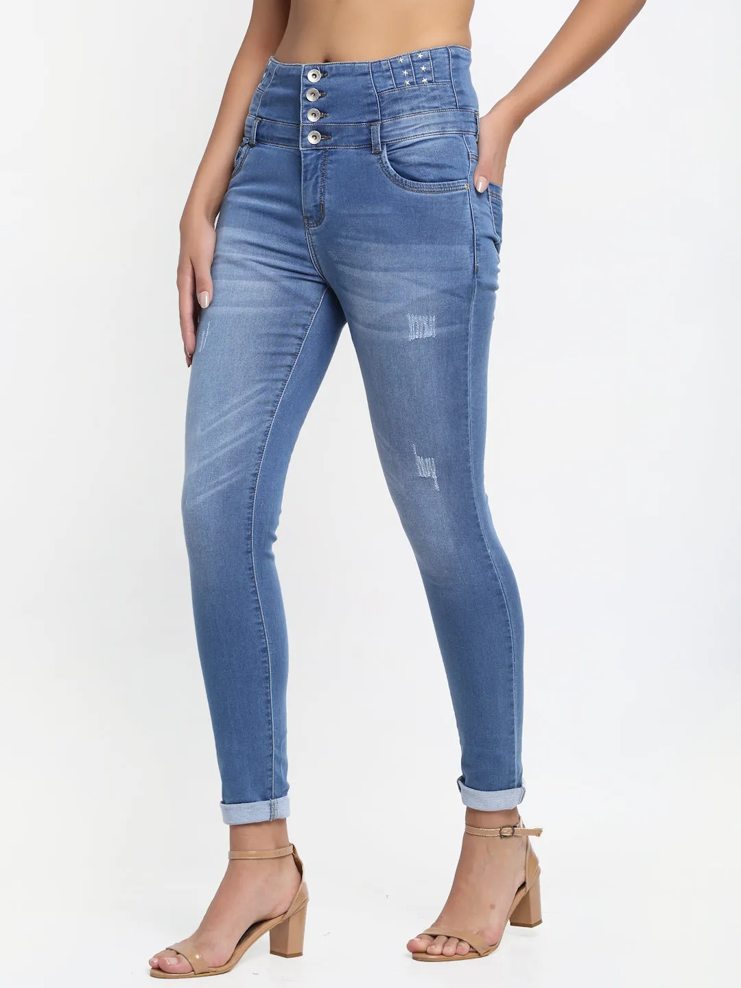 Women Double Waistband Slim Fit Blue Jeans