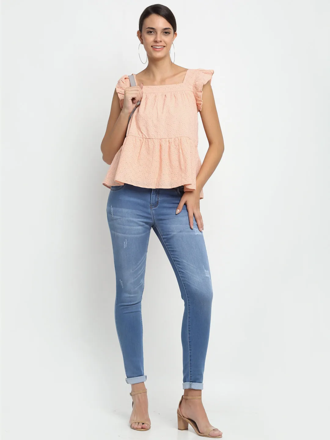 Women Double Waistband Slim Fit Blue Jeans