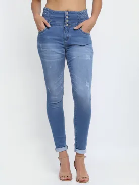 Women Double Waistband Slim Fit Blue Jeans