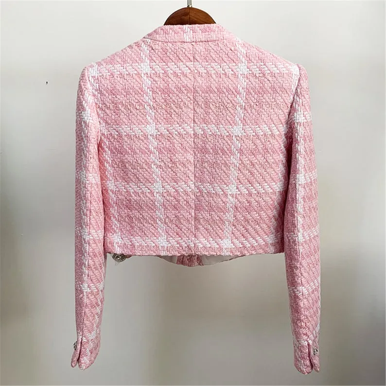Women's Jewellery Buttons Tweed Pink Crop Blazer   Skirt