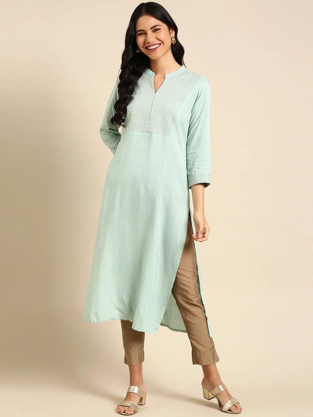 Women's Sea Green Solid Straight Kurta