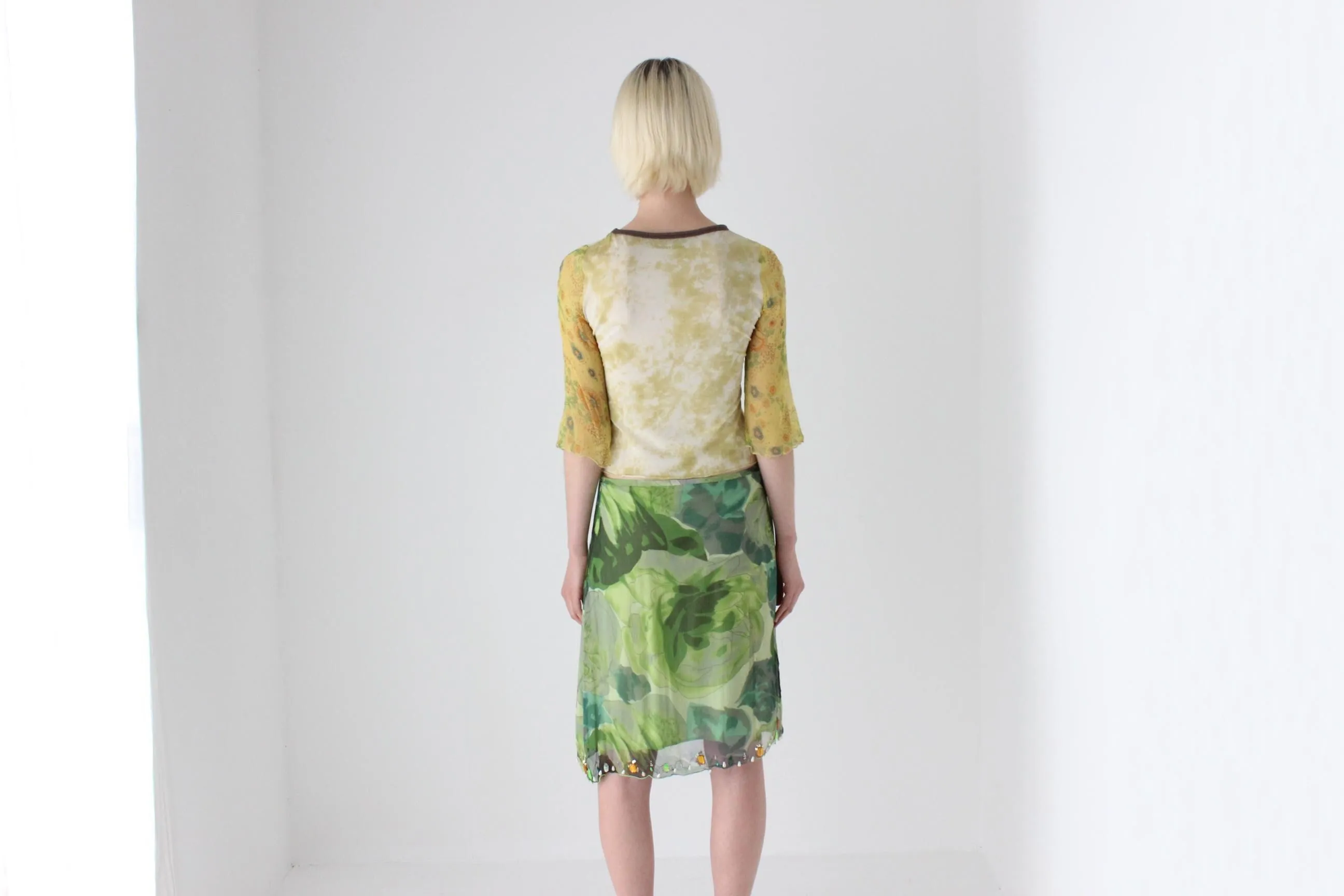Y2K Italian Pure Silk Tropical Printed Skirt w/ Gemstones