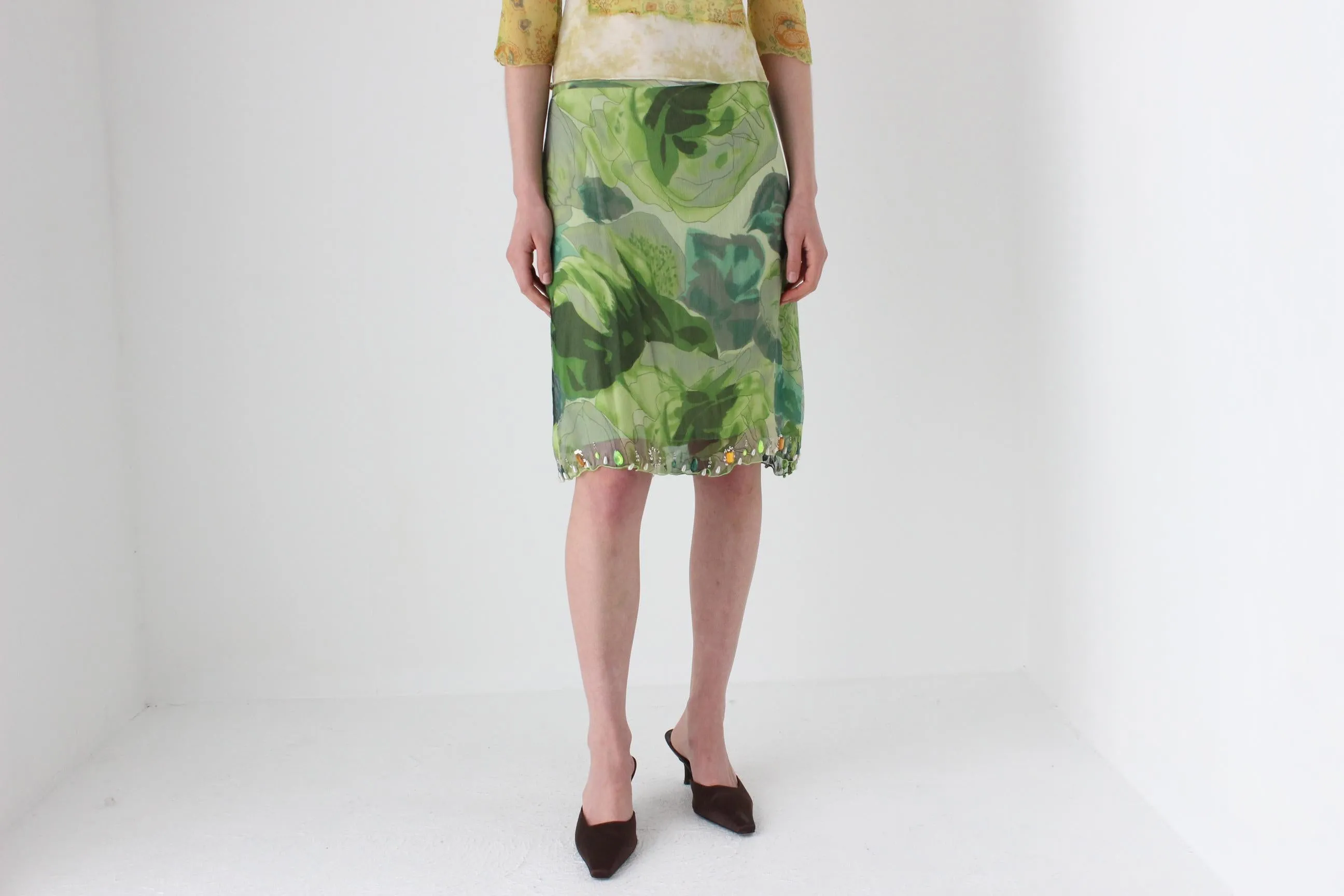 Y2K Italian Pure Silk Tropical Printed Skirt w/ Gemstones