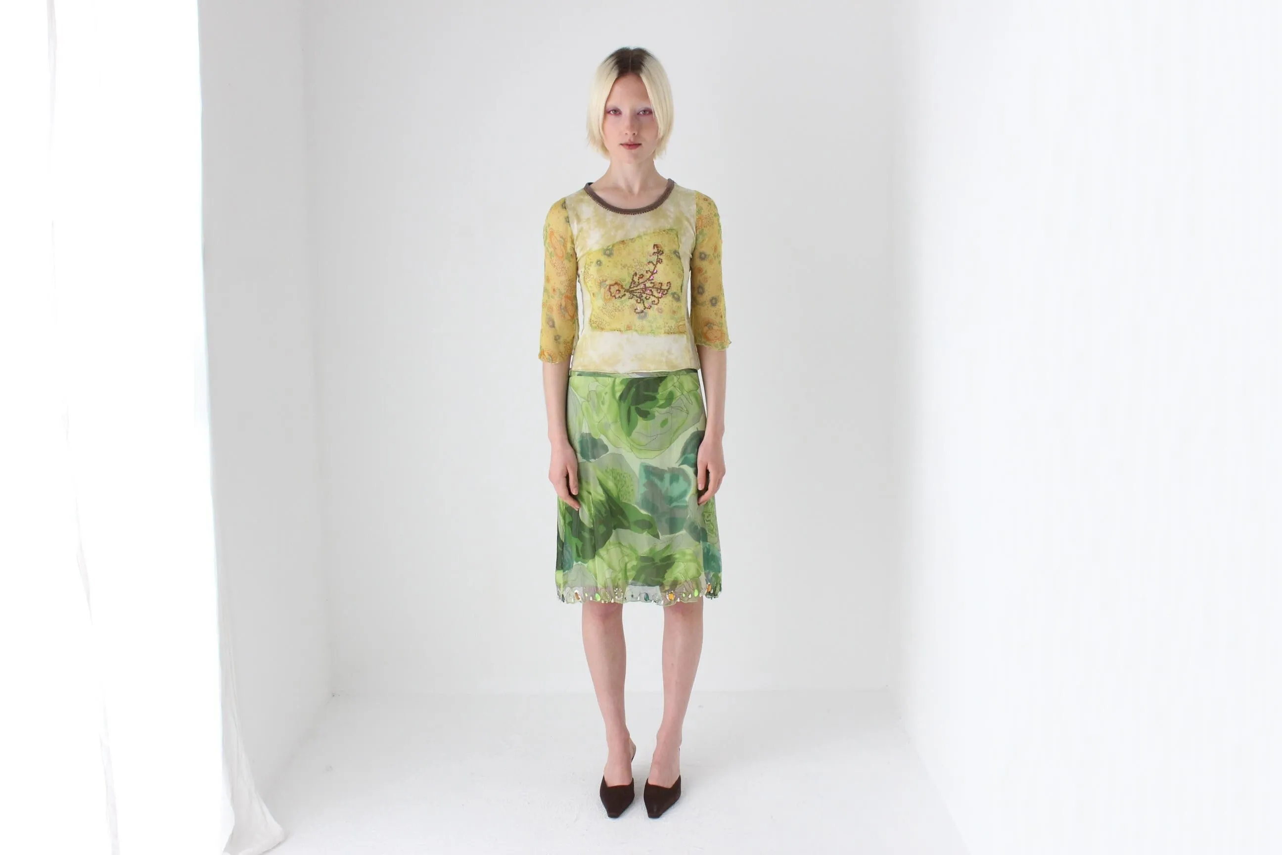 Y2K Italian Pure Silk Tropical Printed Skirt w/ Gemstones